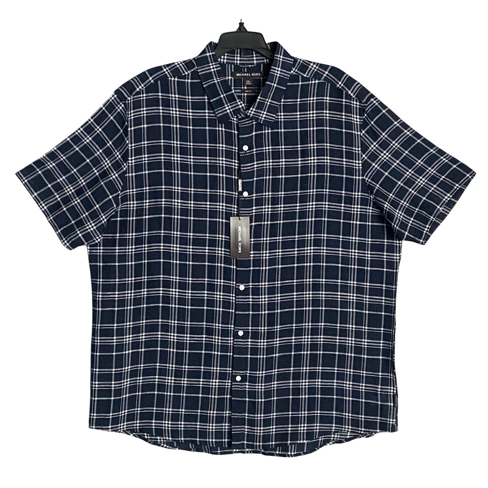 Michael Kors Men's XXL Slim Fit Short Sleeve Shirt Linen Dark Blue Check