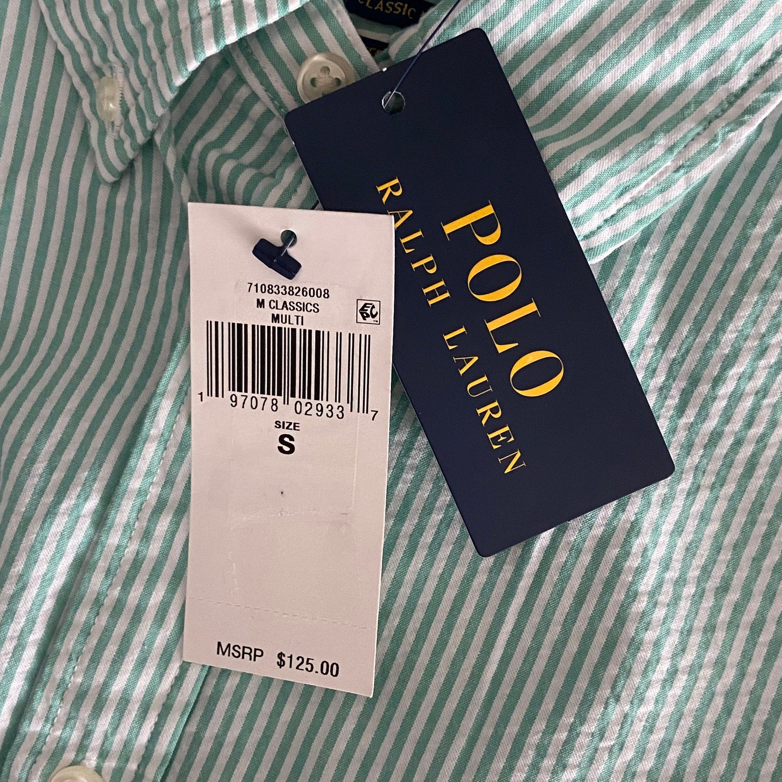 Polo Ralph Lauren Shirt Men's Small Classic Fit Short Sleeve Seersucker Green