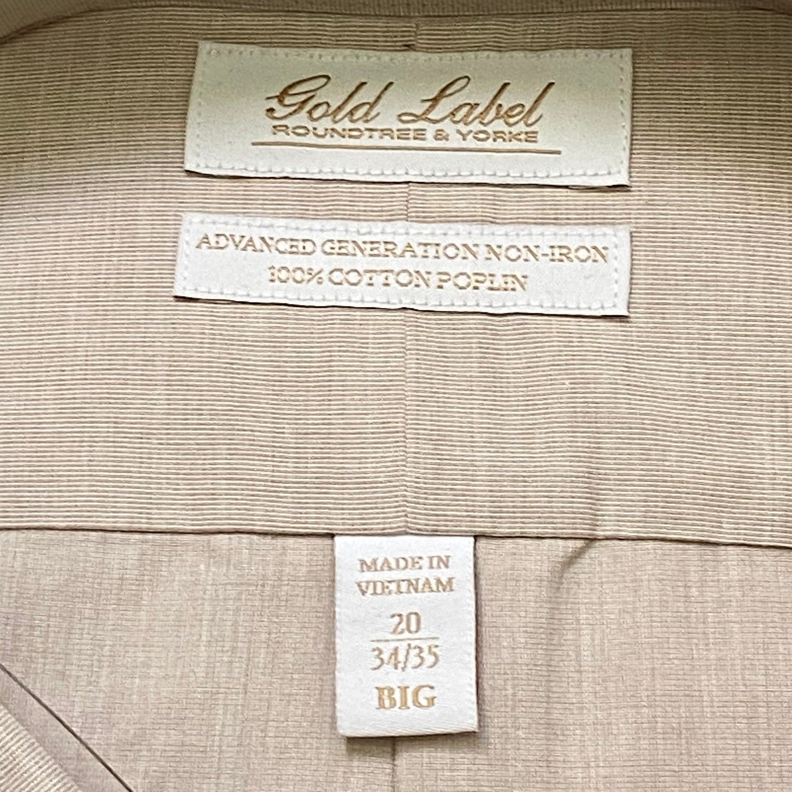 Roundtree & Yorke Shirt Big & Tall Men's 20 34/35 Dress Shirt Khaki