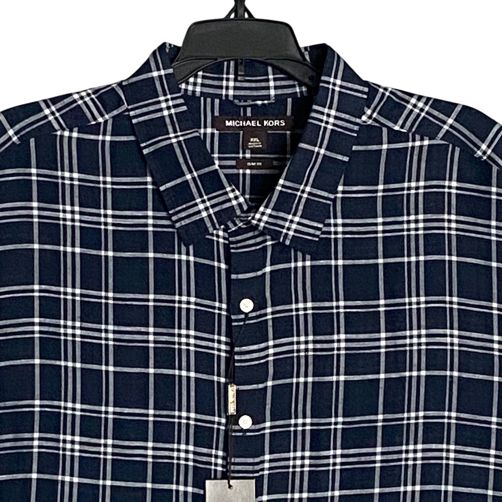 Michael Kors Men's XXL Slim Fit Short Sleeve Shirt Linen Dark Blue Check
