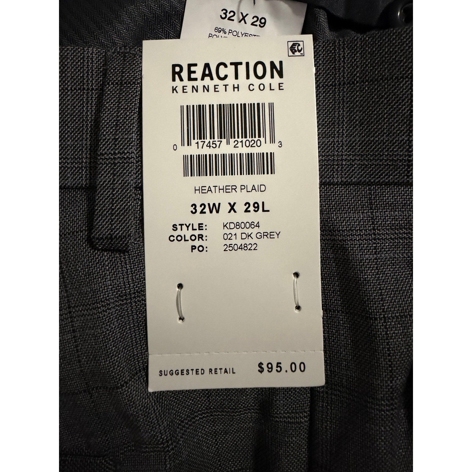 Kenneth Cole Dress Pants Men's 32"x29" Stretch Slim Fit Heather Gray Plaid