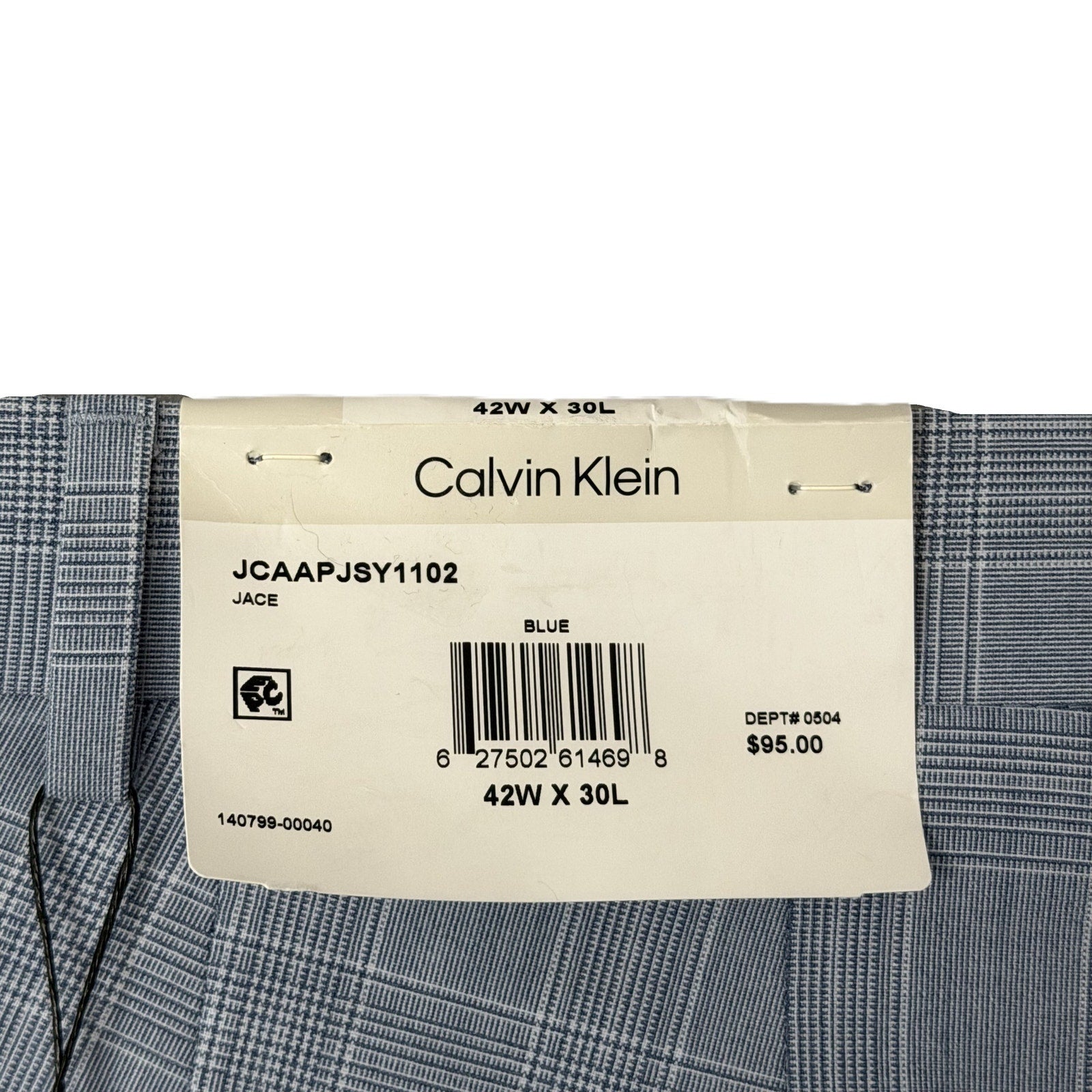 Calvin Klein Dress Pant Men's 42"x30" Slim Fit Flat Front Stretch Blue Plaid