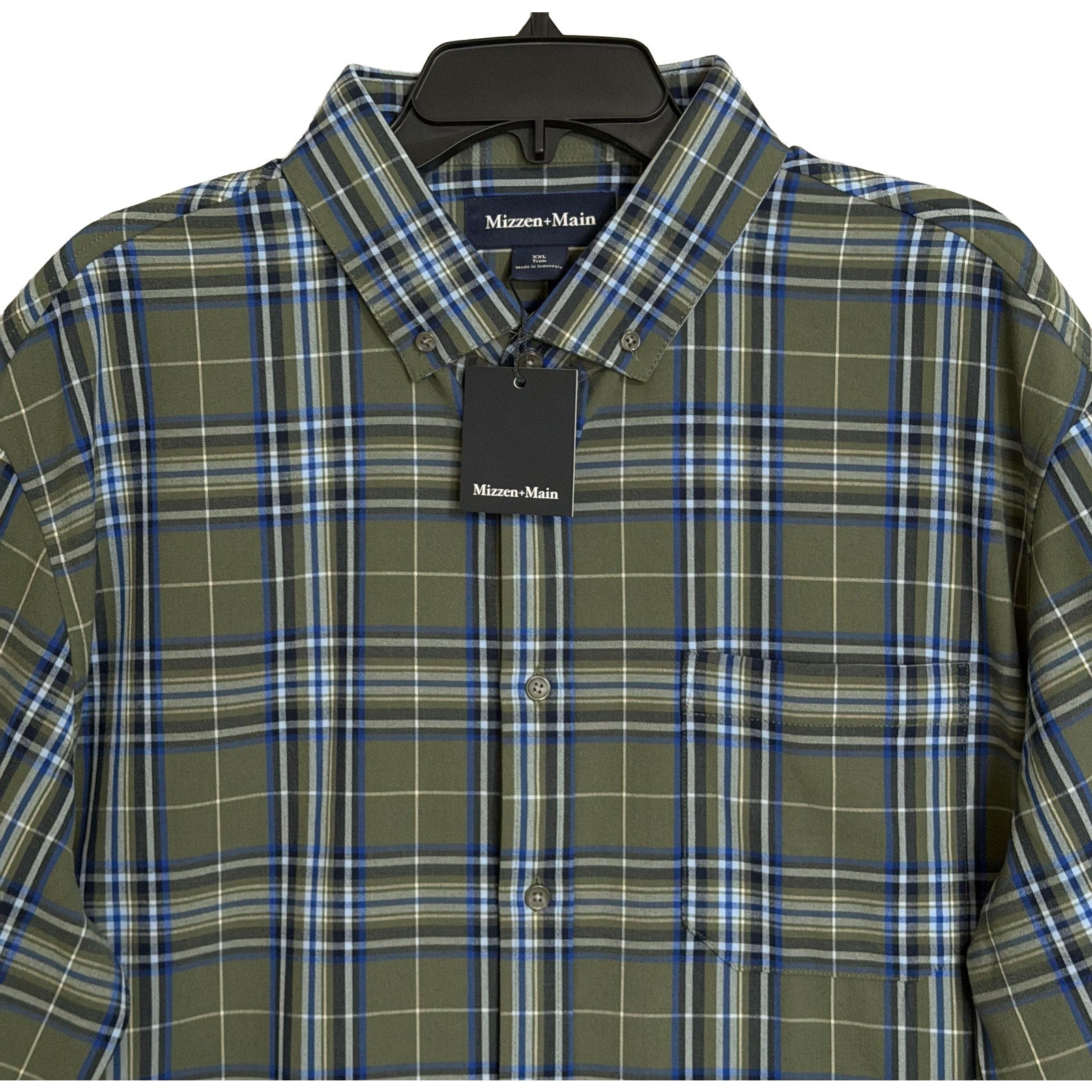 Mizzen+Main Men's XXL Trim Fit City Flannel Twill Shirt Olive Thomas Plaid