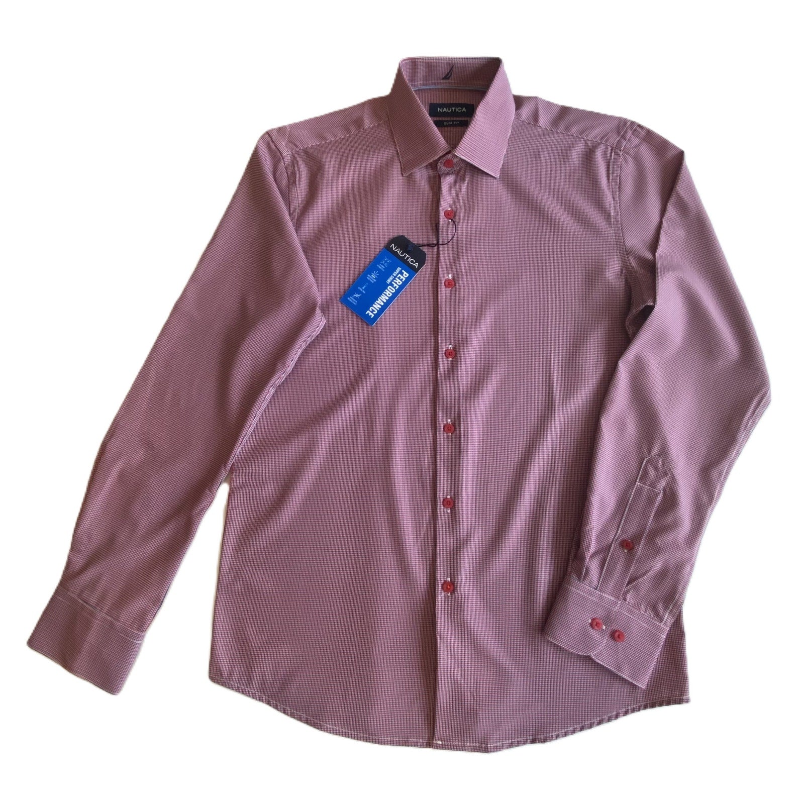 Nautica Dress Shirt Men's 14-14.5 32/33 Performance Slim Fit Red/Navy Check