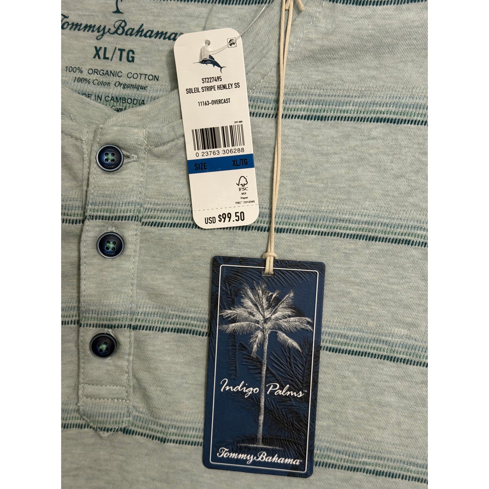 Tommy Bahama Henley Men's XL Short Sleeve "Soleil Stripe Henley" Overcast