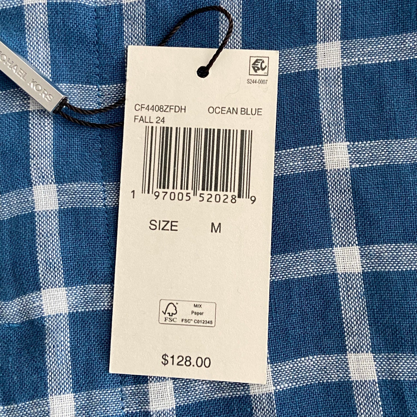 Michael Kors Men's Medium Classic Fit Linen Shirt Blue Check Long Sleeve