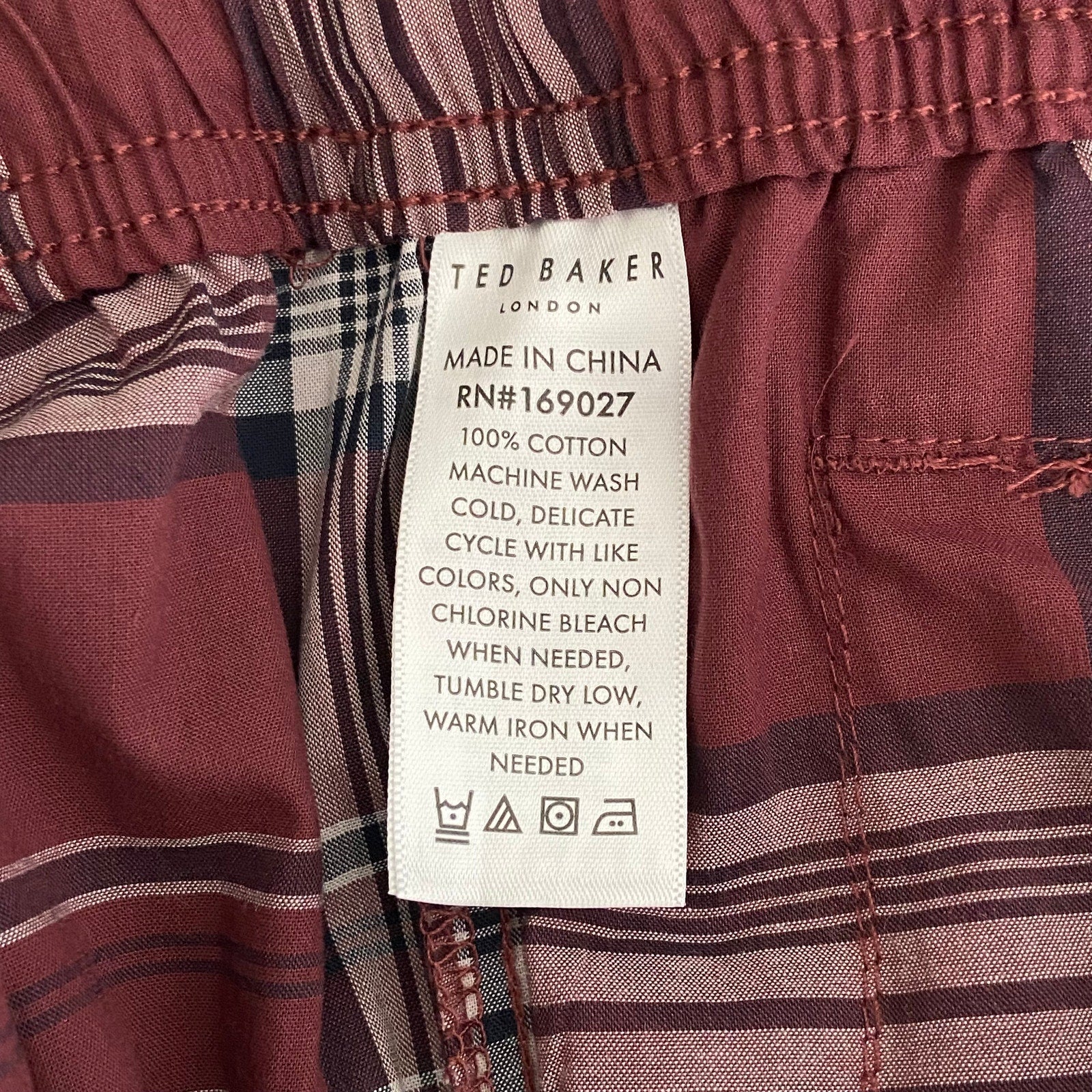 Ted Baker Sleep Pant Men's Small Woven Cotton Drawstring Pockets Red Plaid