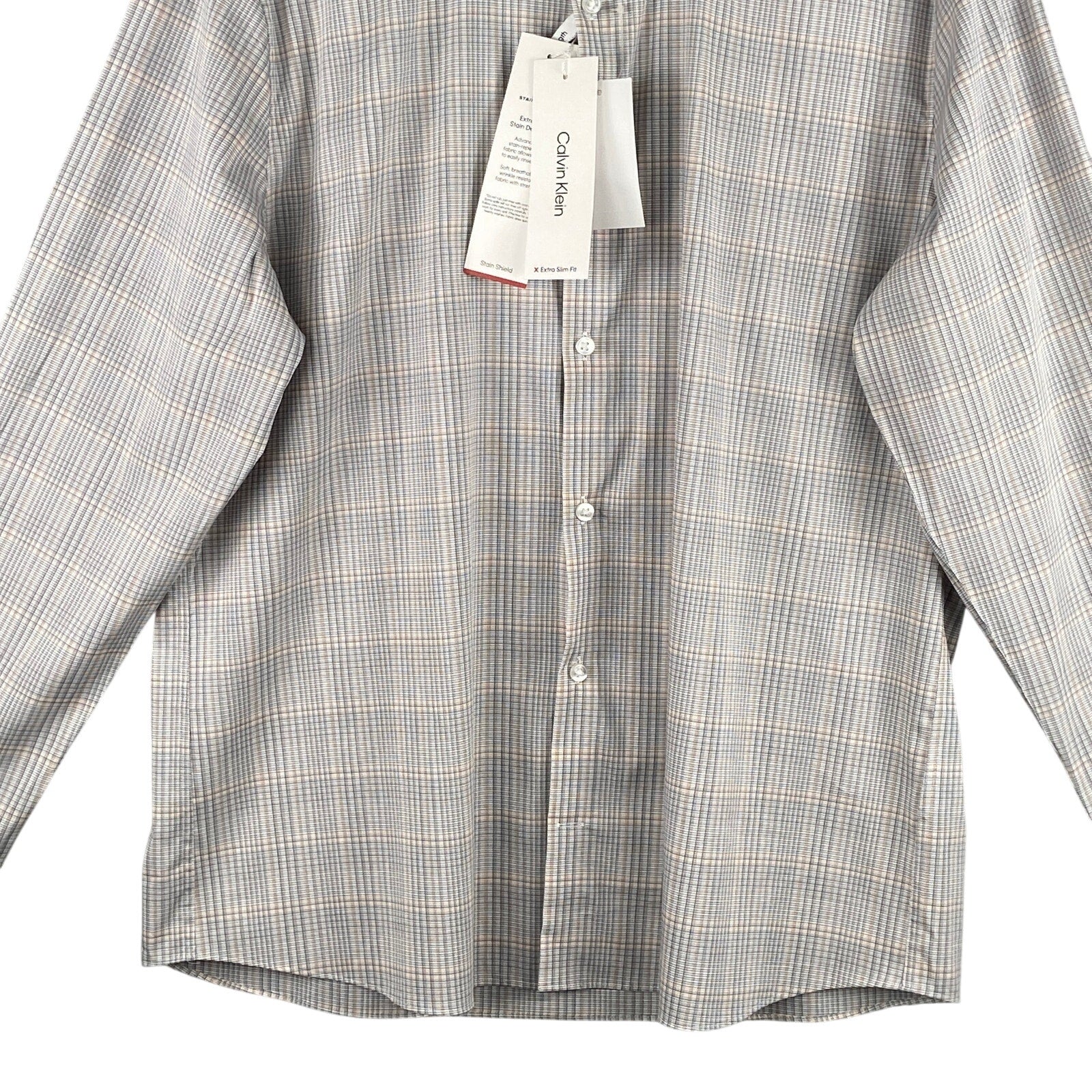 Calvin Klein Dress Shirt Men's Large Extra-Slim Fit Stain Shield Coral Plaid
