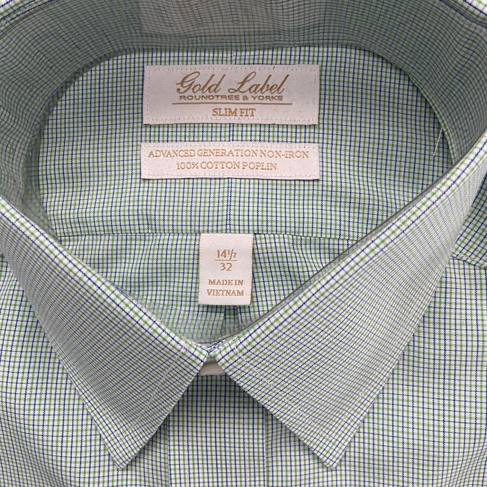Roundtree & Yorke Shirt Men's 14.5 32 Slim Fit Cotton Poplin Green Check