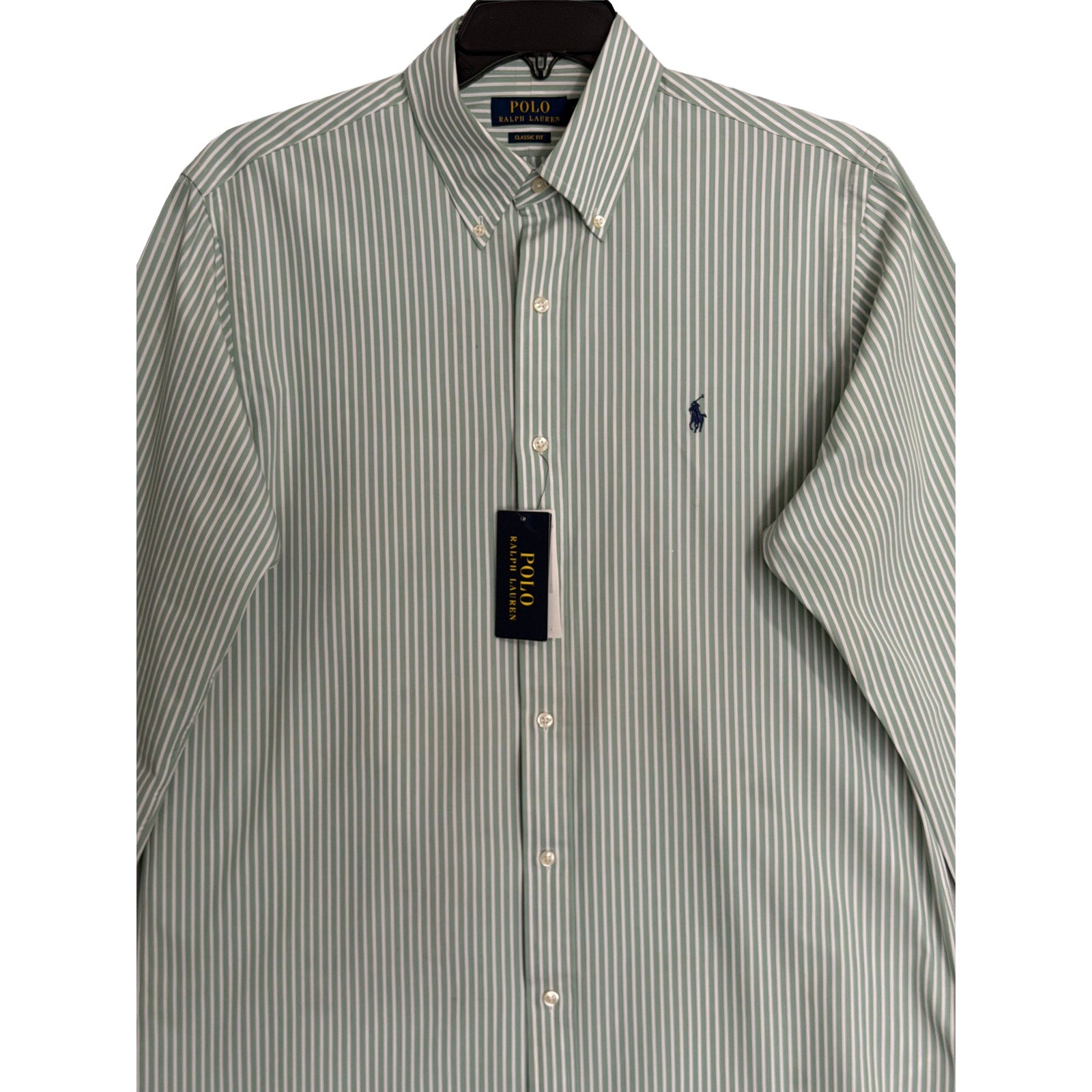 Polo Ralph Lauren Shirt Men's Large Classic Fit Dress Shirt Green White