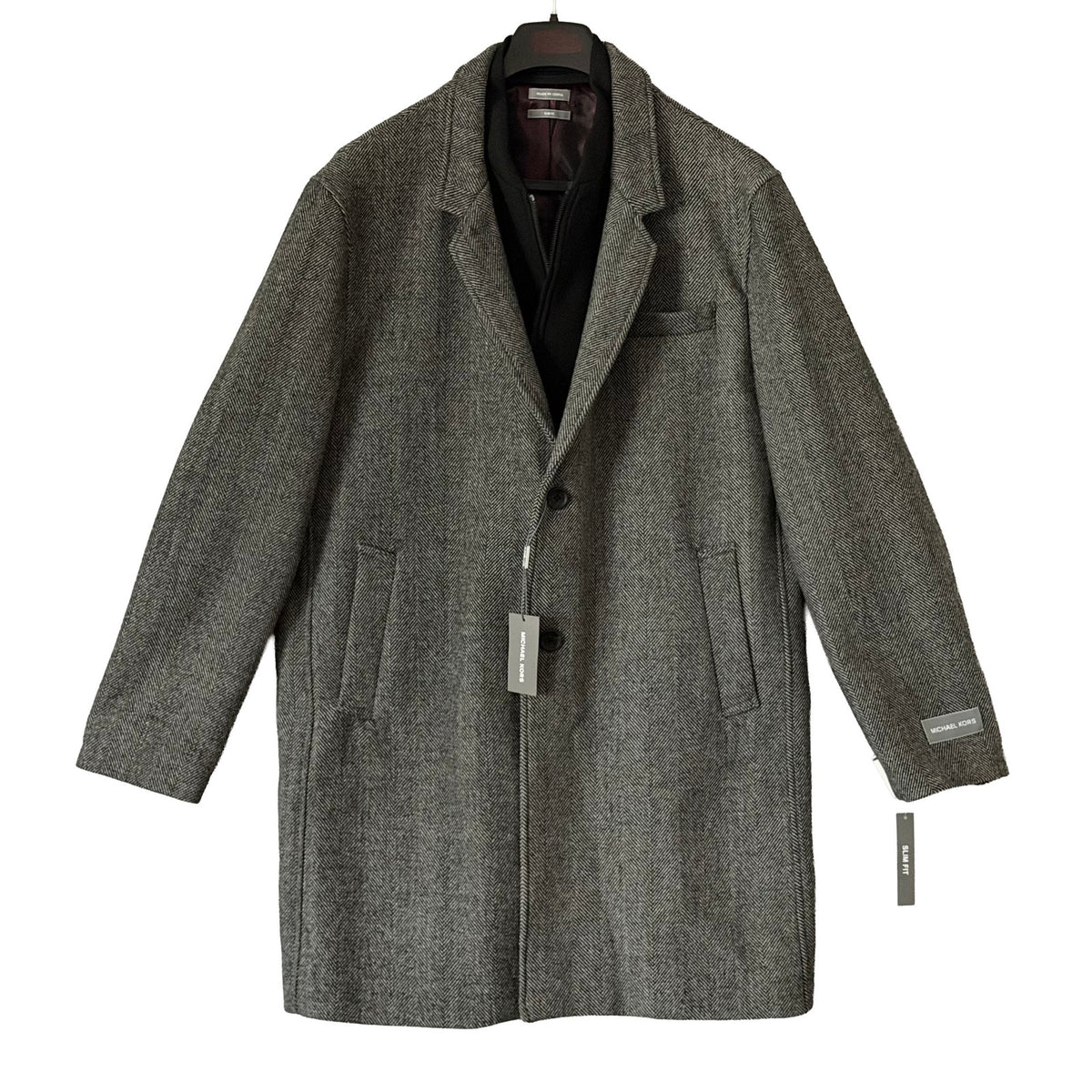 Michael Kors Overcoat Men's 46R Pike Slim Fit Coat Wool Black White Herringbone