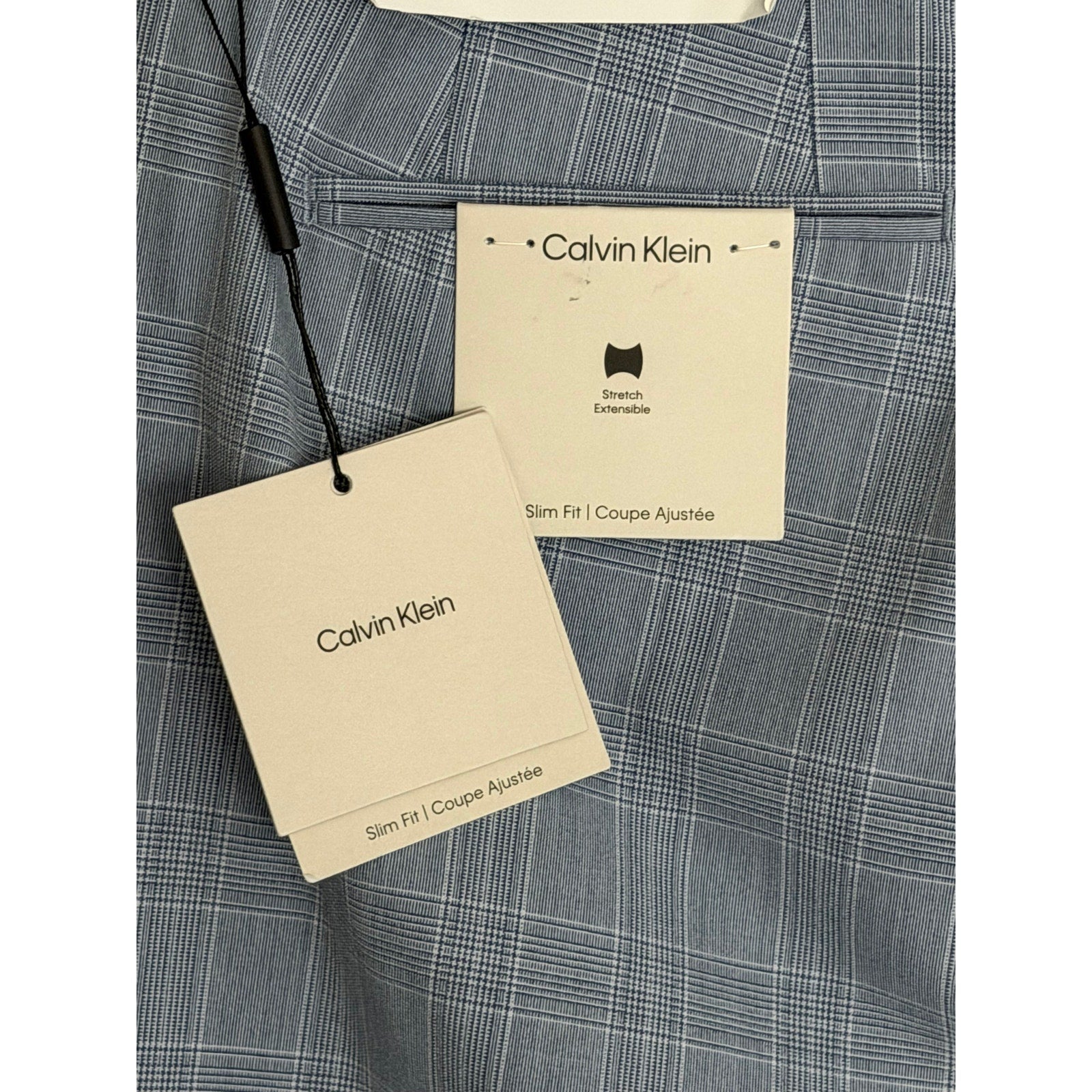 Calvin Klein Dress Pant Men's 36"x32" Slim Fit Flat Front Stretch Blue Plaid