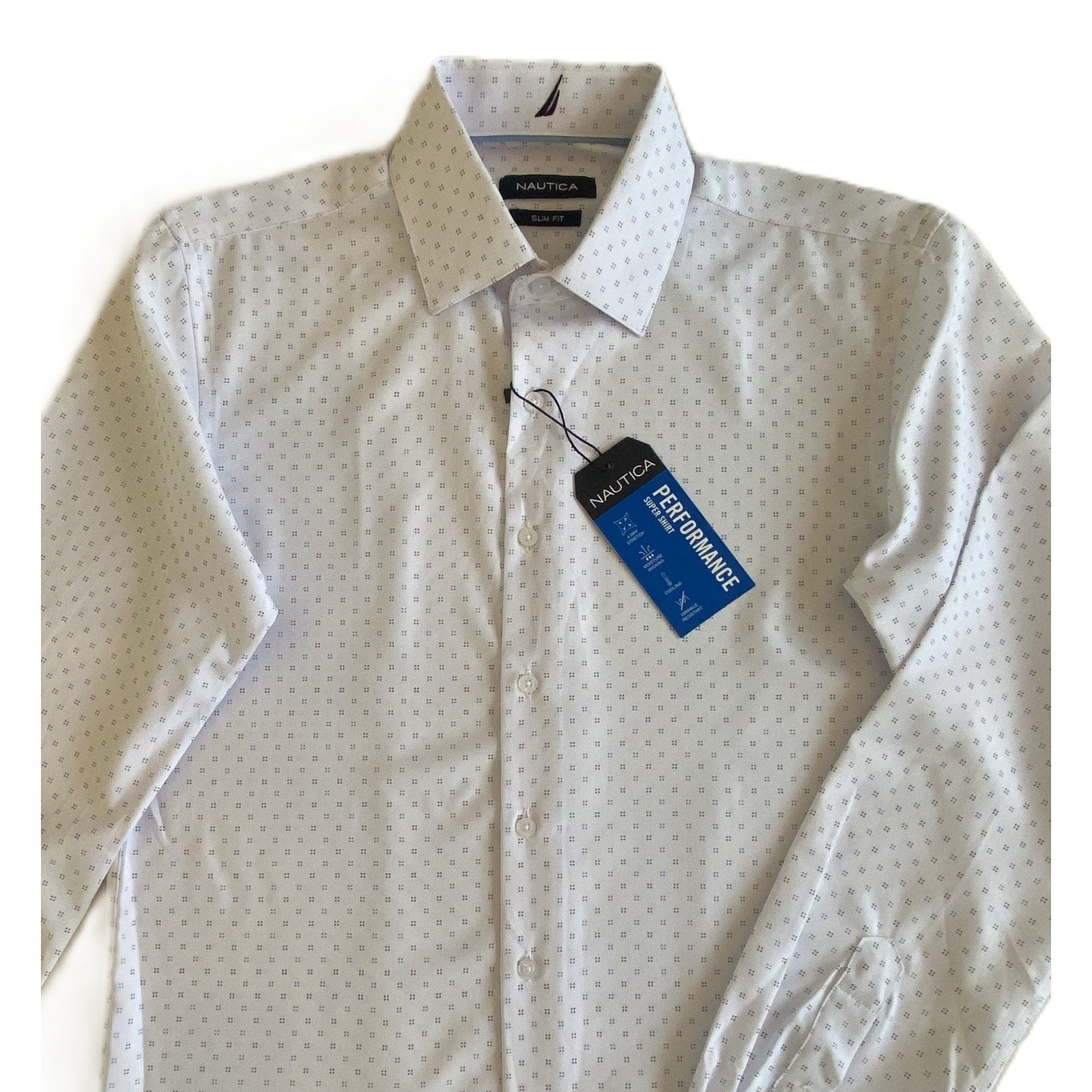 Nautica Dress Shirt Men's 14-14.5 32/33 Performance Slim Fit White Blue Dot NEW