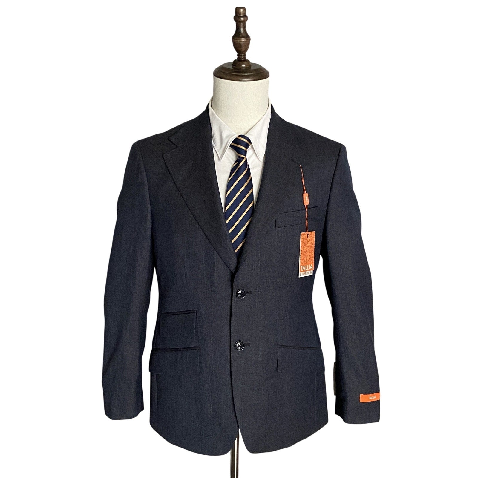 Tallia Suit Jacket Men's 38 Short Wool Blend Stretch Navy Brown Stripe