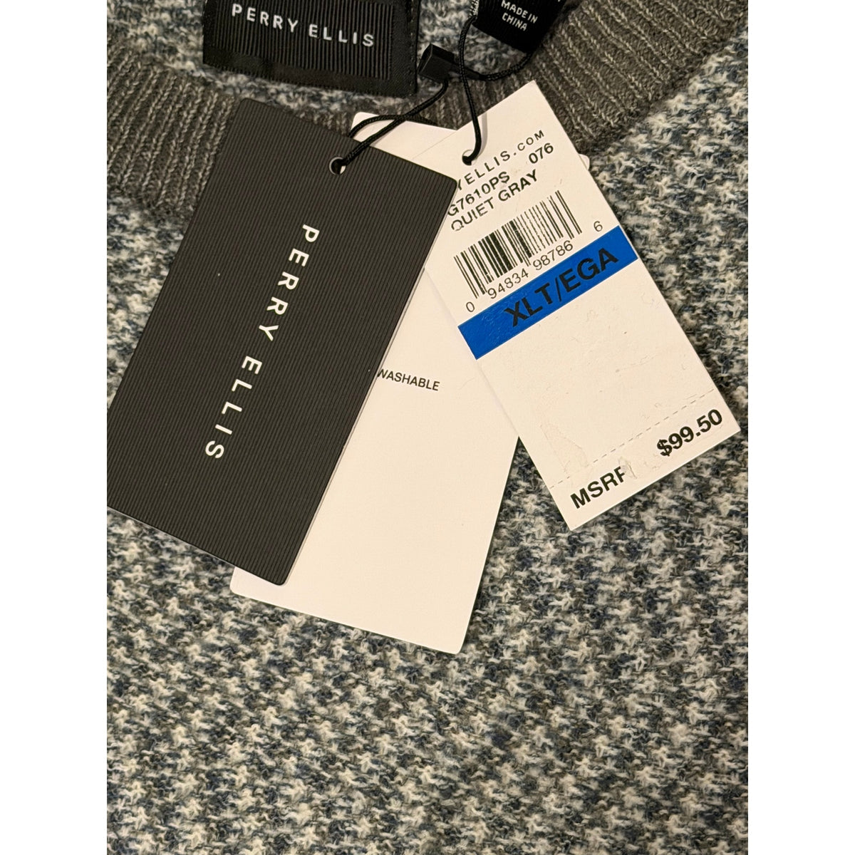 Perry Ellis Men's XLT Big & Tall Yarn Herringbone Crew Neck Sweater Gray
