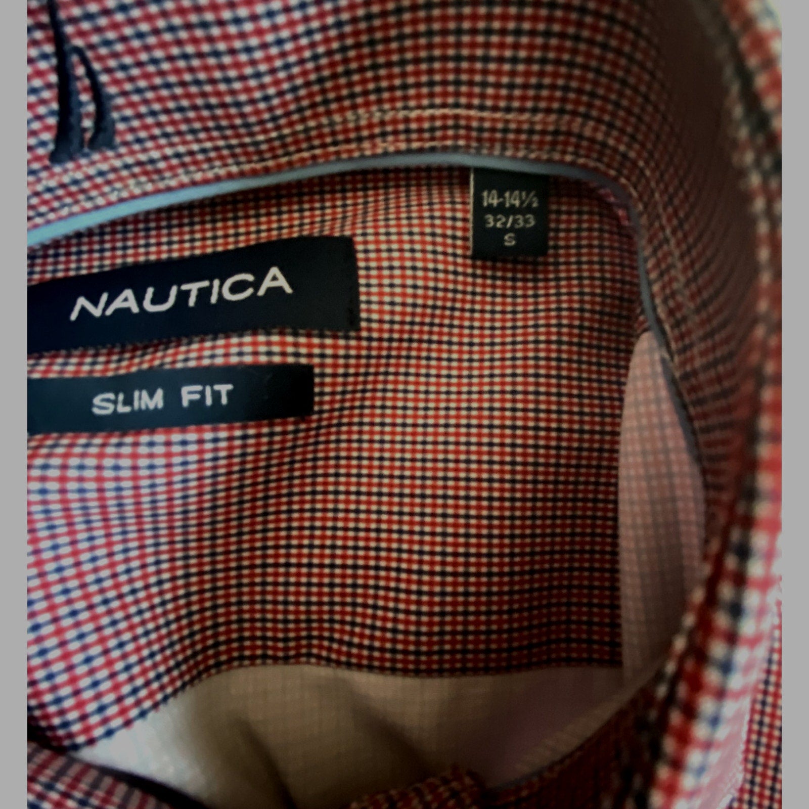 Nautica Dress Shirt Men's 14-14.5 32/33 Performance Slim Fit Red/Navy Check