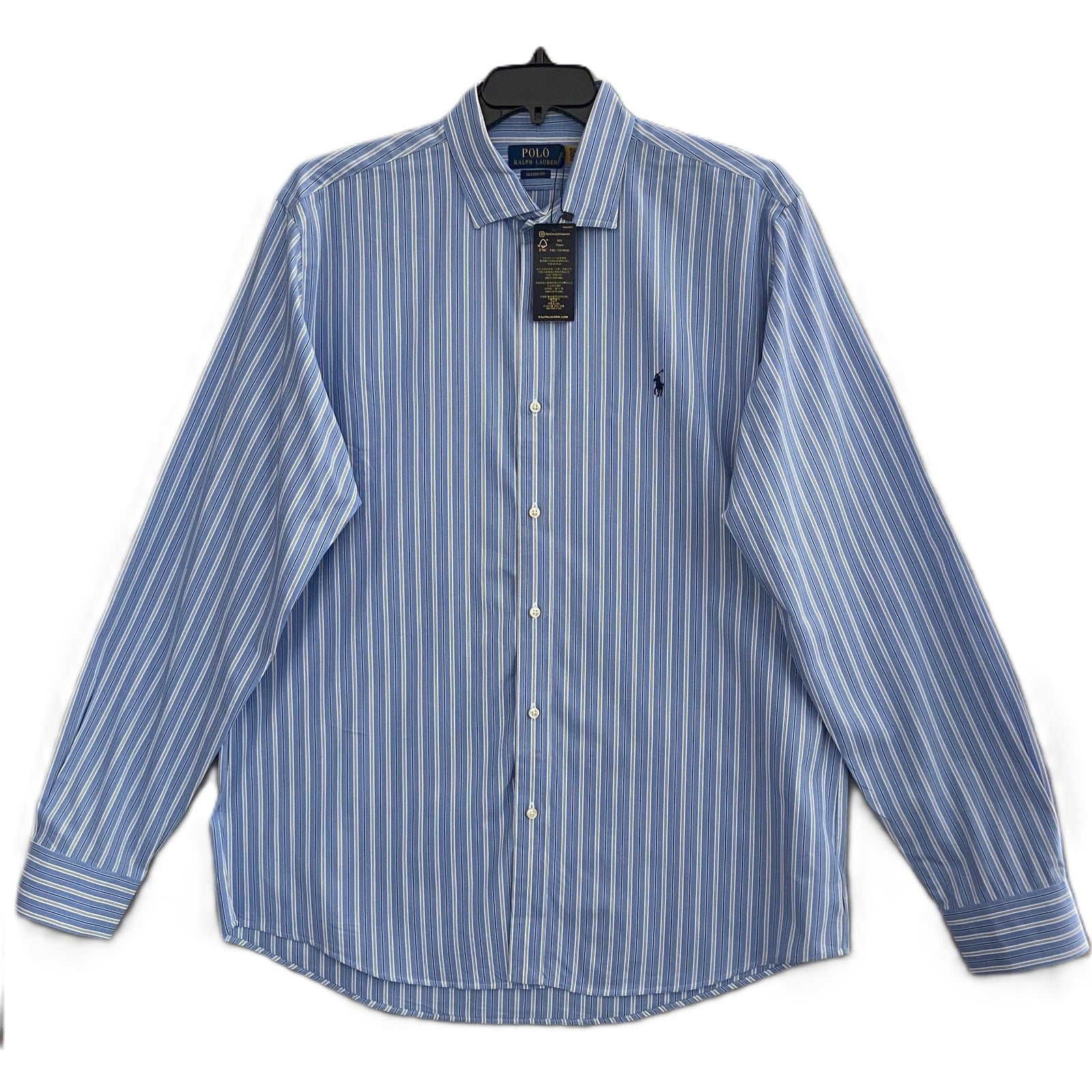 Polo Ralph Lauren Shirt Men's XL Classic Fit Long Sleeve Blue White Stripe NEW