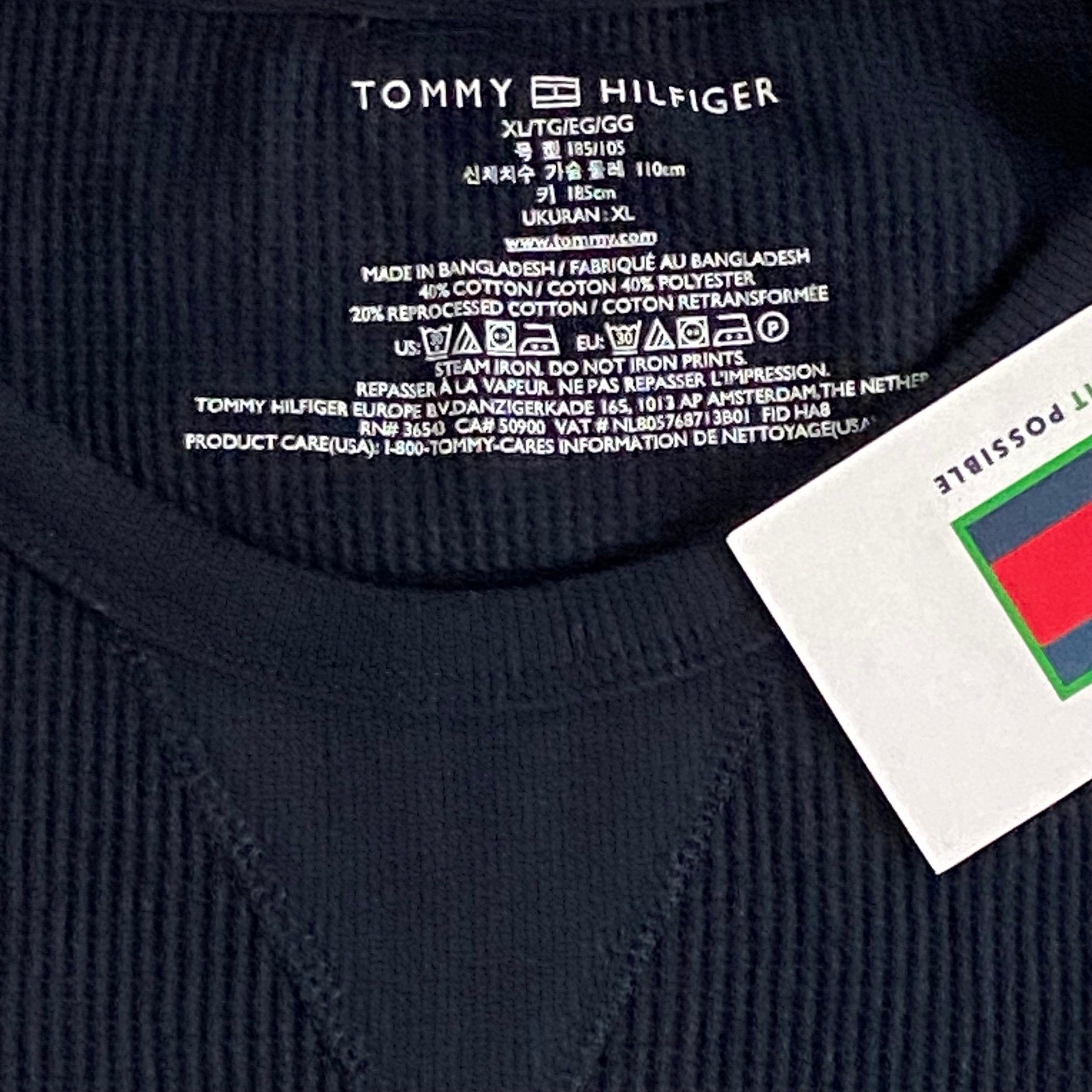 Tommy Hilfiger Tee Men's XL Long Sleeve Waffle-Knit Crew Neck Navy Blue