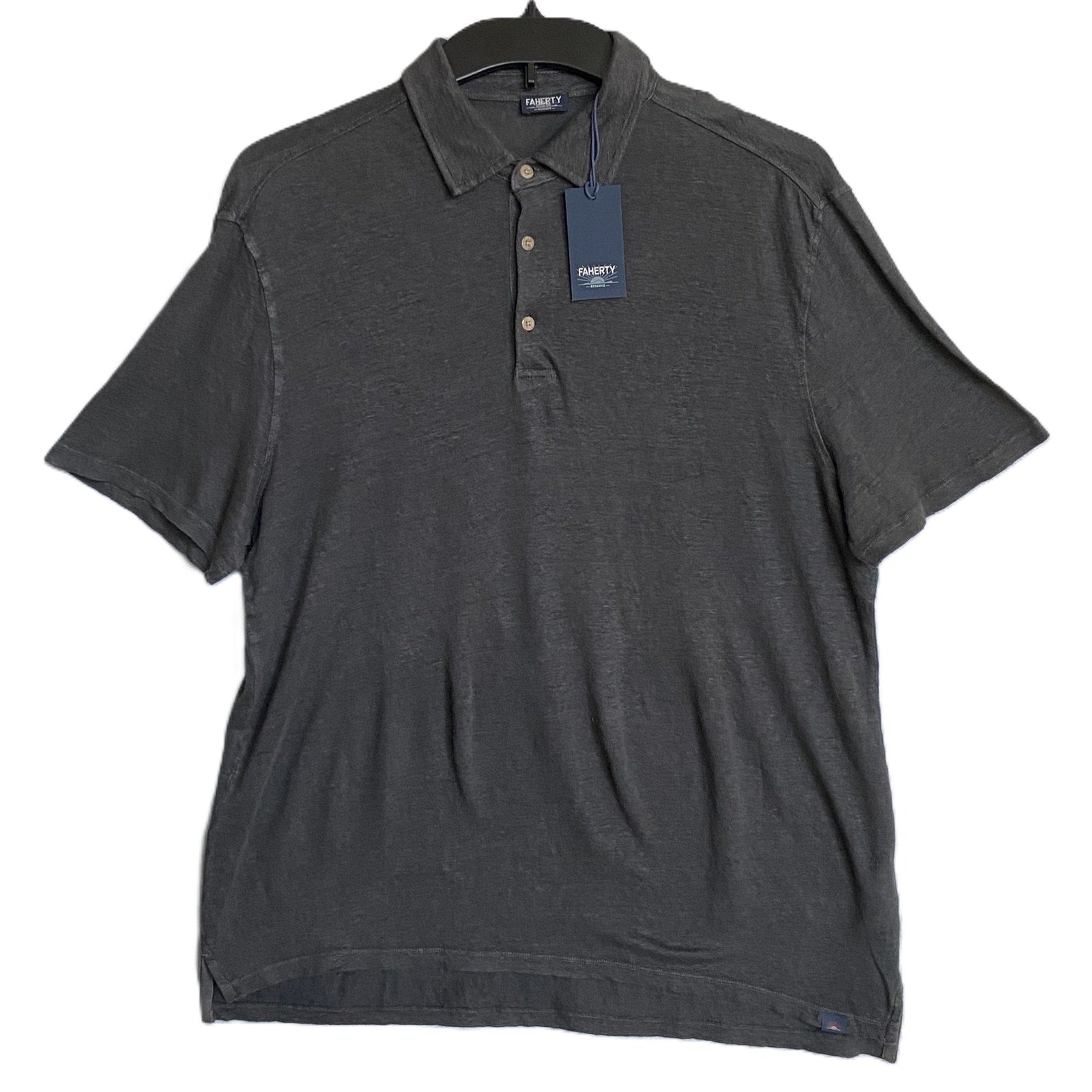 Faherty Polo Shirt Men's Large Reserve Short Sleeve Linen Washed Black NEW