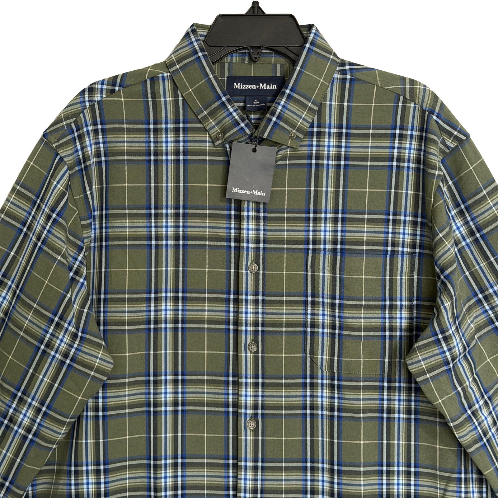 Mizzen+Main Men's XL Trim Fit City Flannel Twill Shirt Olive Thomas Plaid
