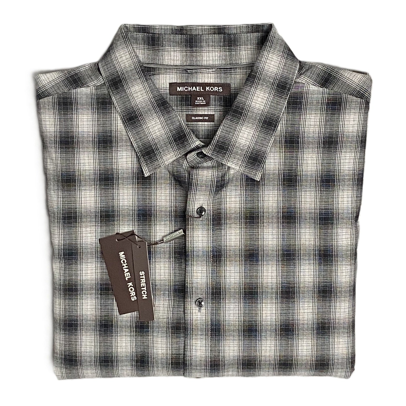 Michael Kors Men's XXL Classic Fit Flannel Shirt Black Grey Plaid Stretch