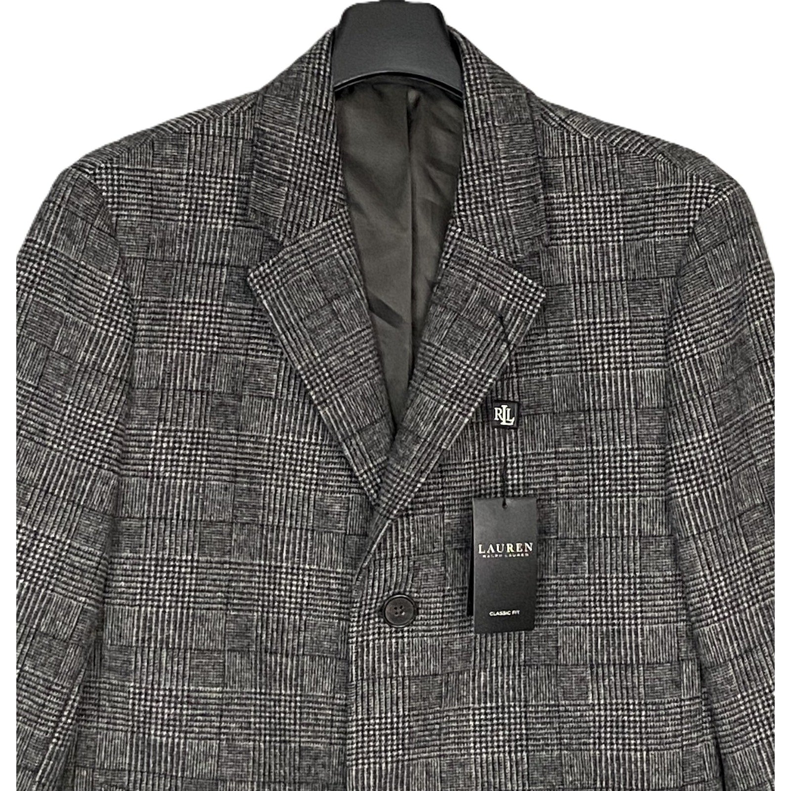 Lauren Ralph Lauren Overcoat Men's 40 Regular Wool Blend Black & White Plaid