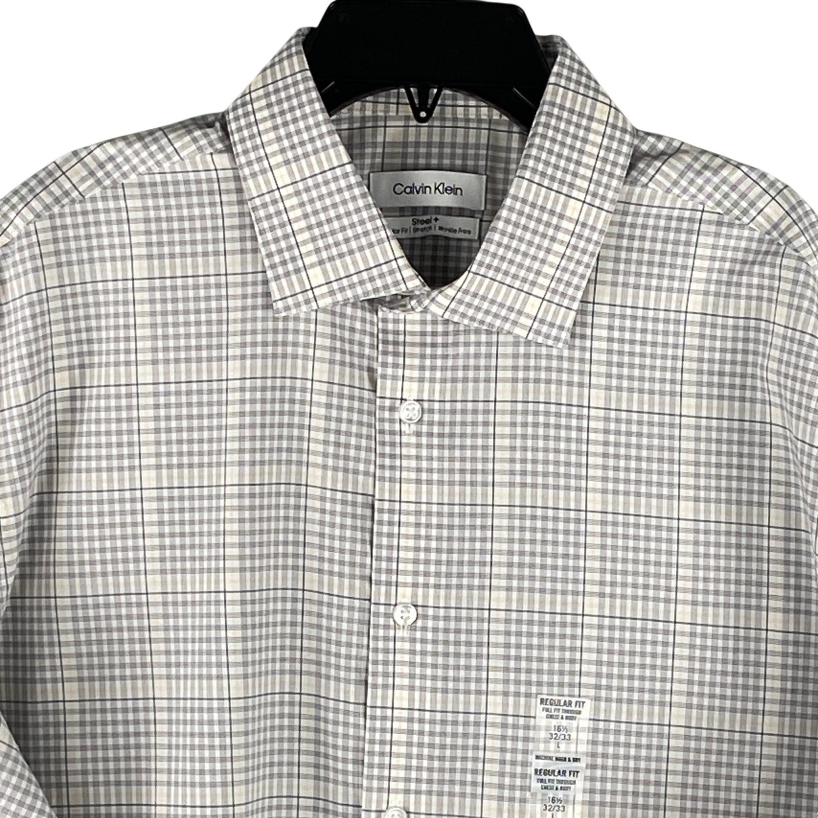 Calvin Klein Dress Shirt Men's Large Steel+ Regular Fit Stretch Grey Plaid