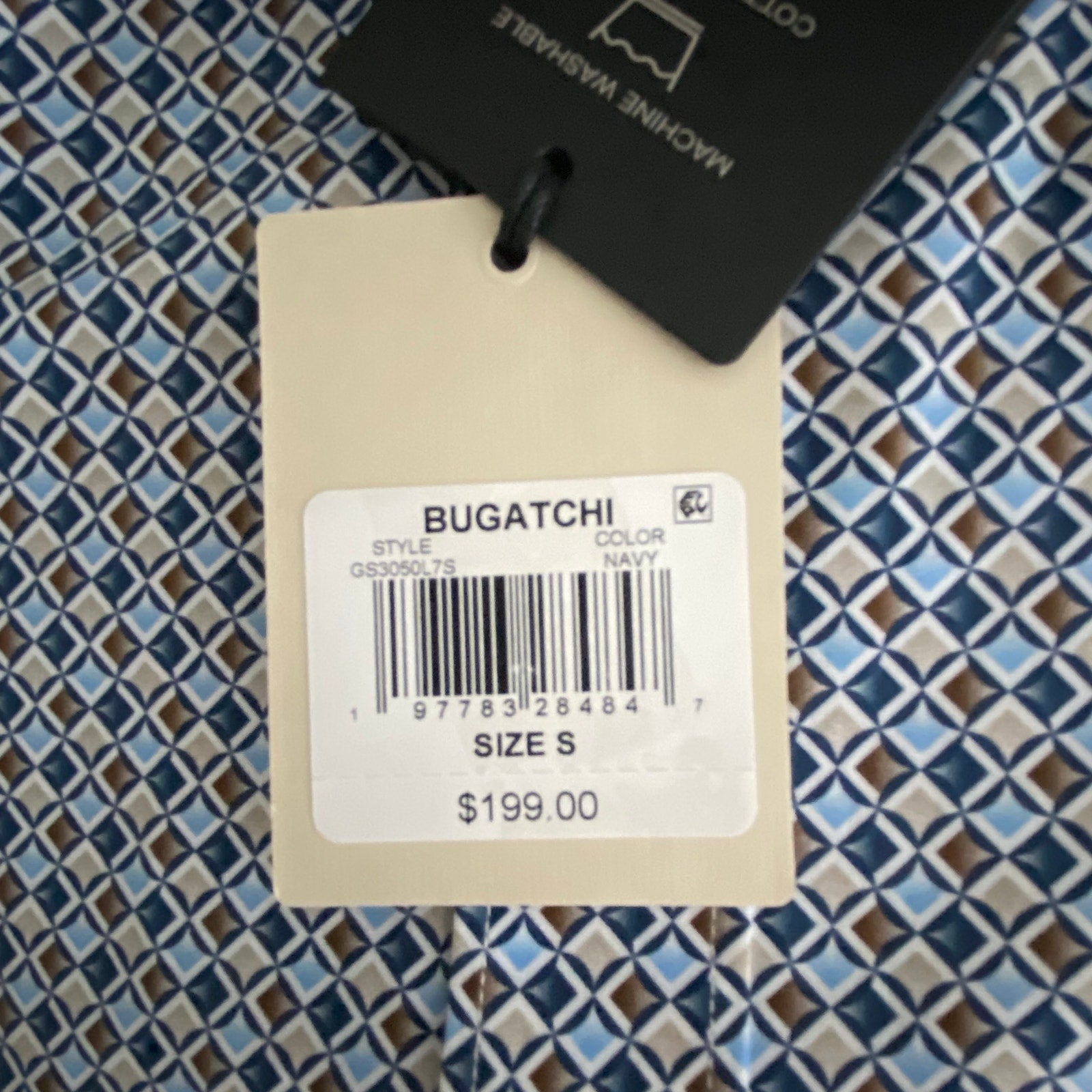 Bugatchi Dress Shirt Men's Small Long Sleeve Button-Up Blue Brown Geo