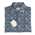 Bugatchi Shirt Men's Small Shaped Fit Linen Blend Short Sleeve Indigo Floral