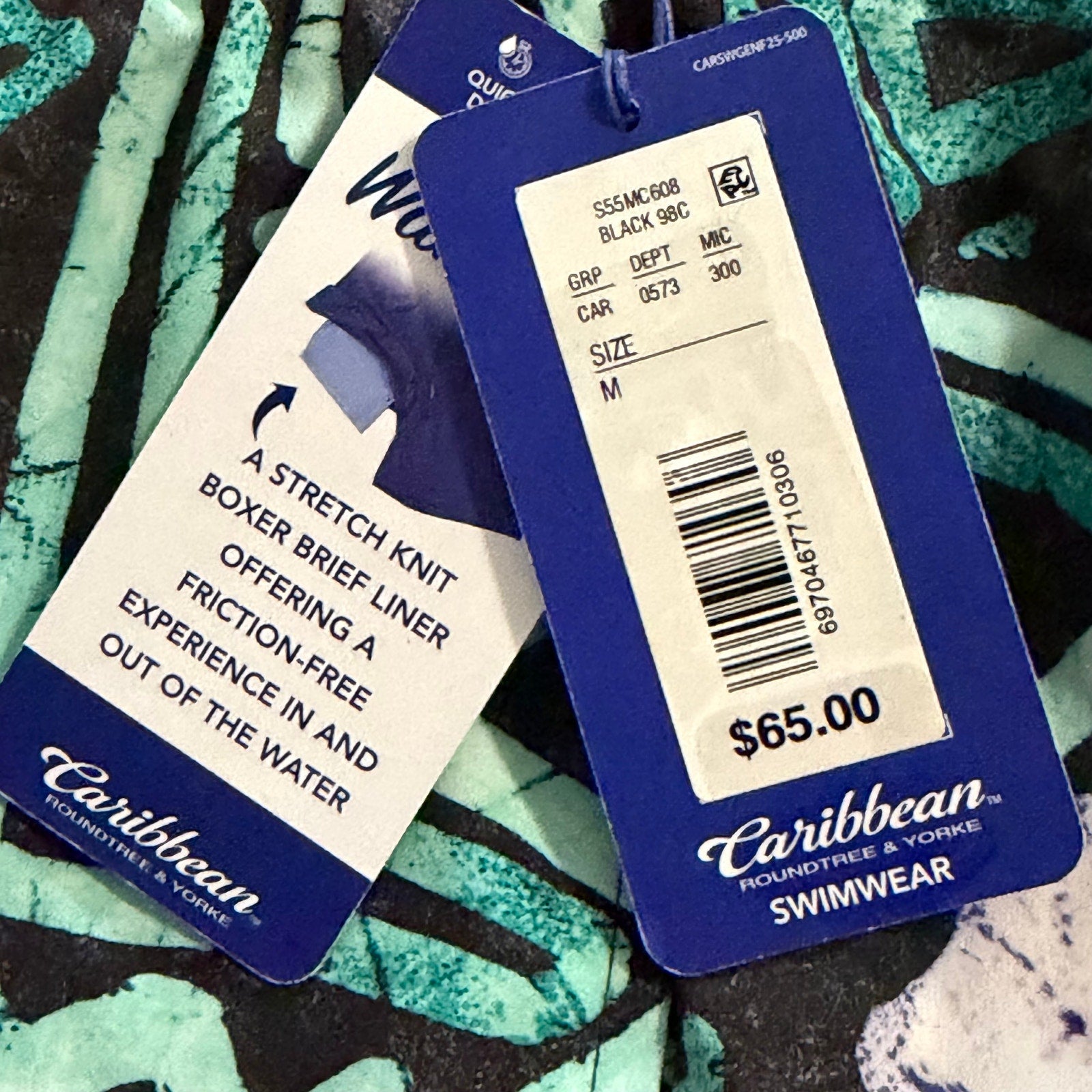 Caribbean Swim Trunks Men's Medium Elastic Drawstring Waist Pockets Lined