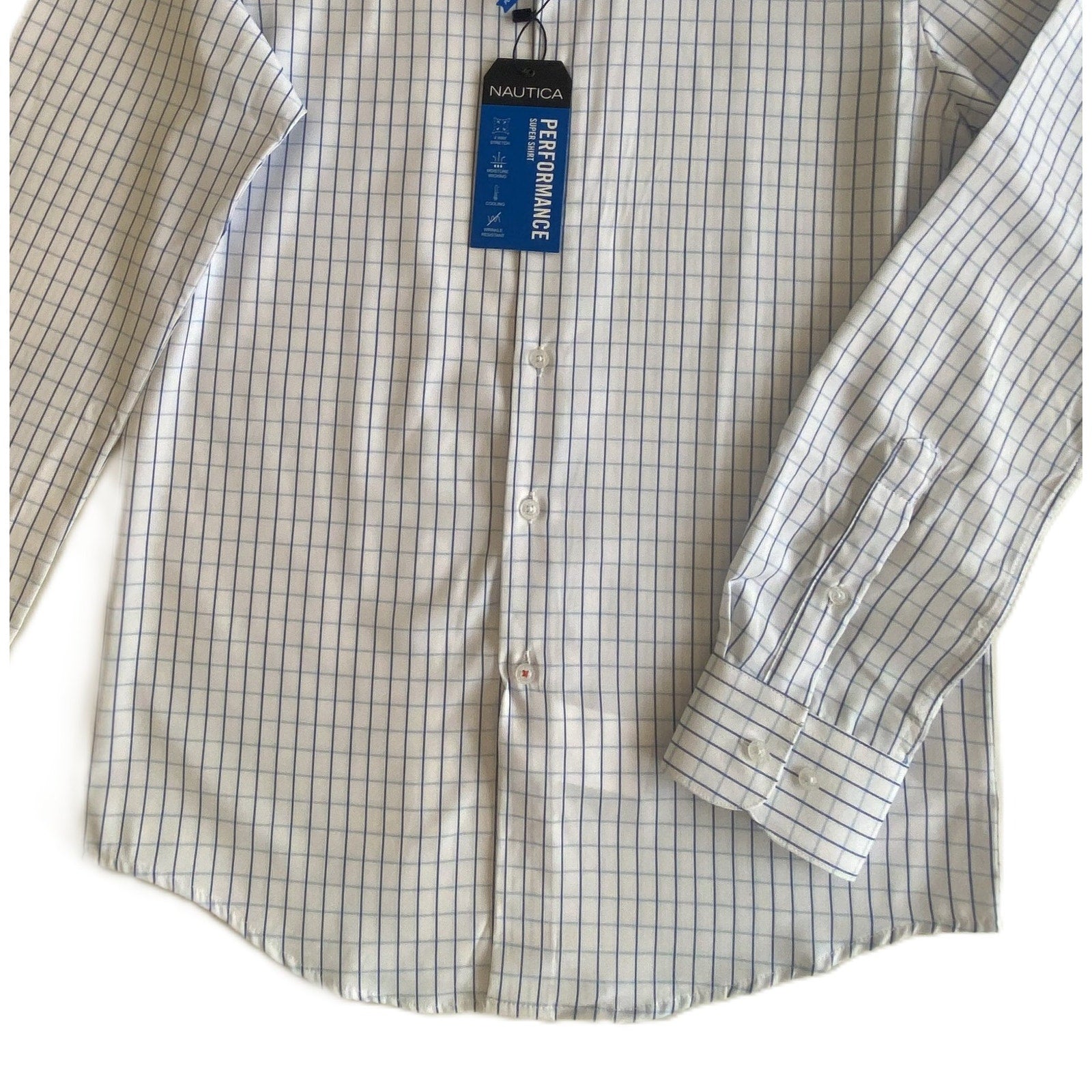 Nautica Dress Shirt Men's 14-14.5 32/33 Performance Slim Fit Blue Check