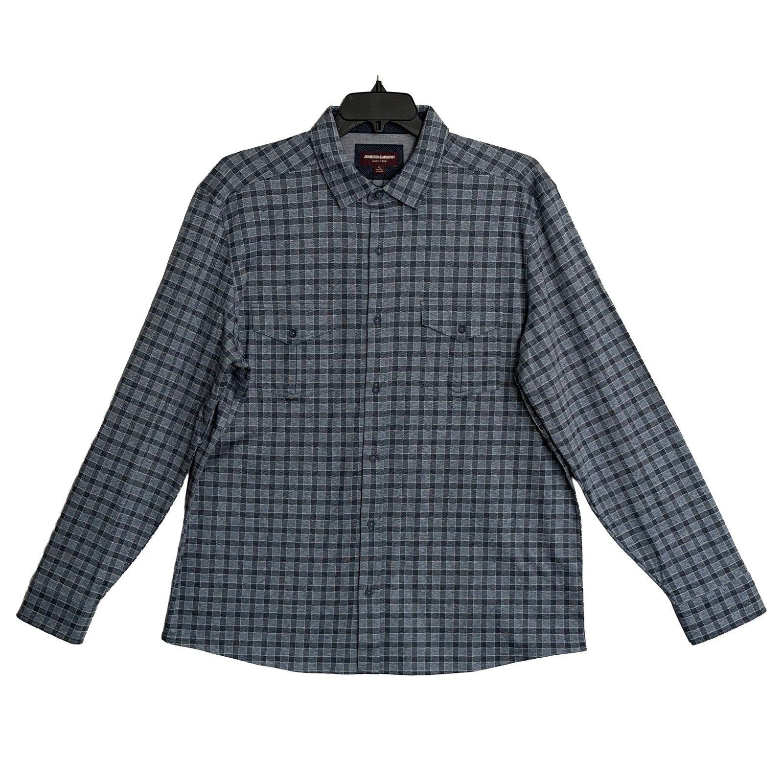 Johnston & Murphy Shirt Men's XL Long Sleeve Navy Gingham Pockets