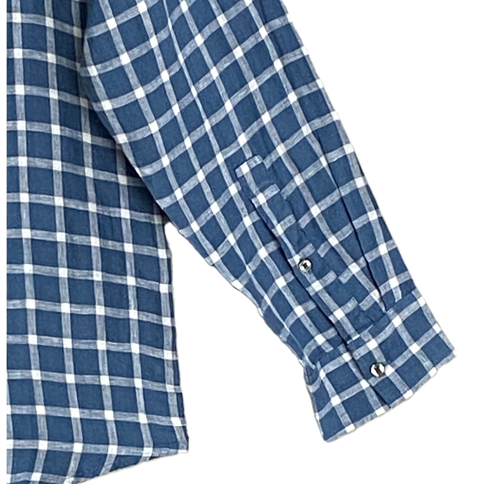 Michael Kors Men's Medium Classic Fit Linen Shirt Blue Check Long Sleeve