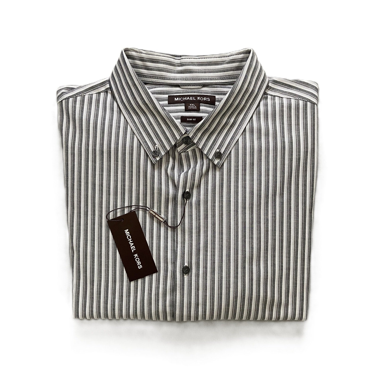 Michael Kors Shirt Men's XXL Slim Fit Long Sleeve Stretch Grey Pinstripe