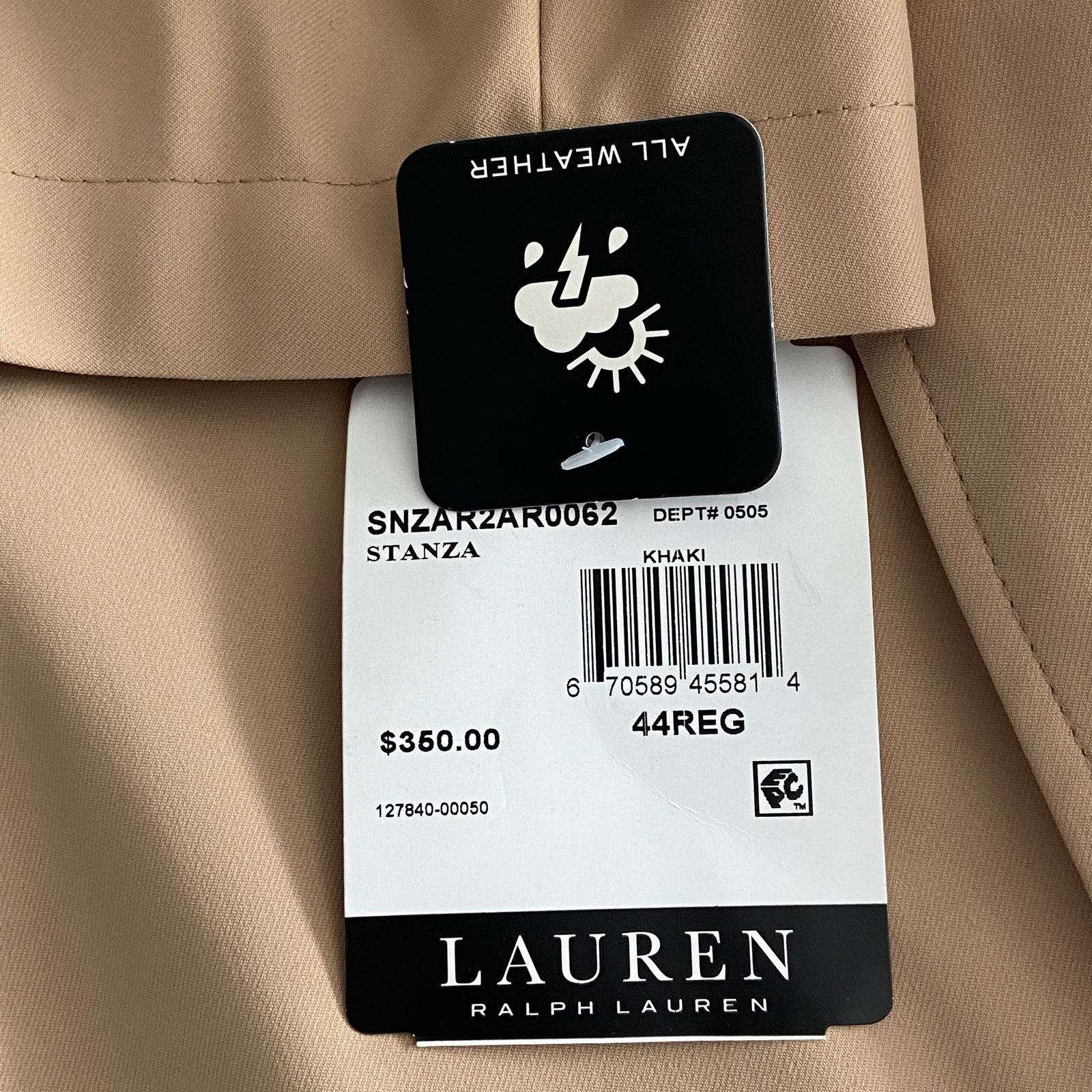 Lauren Ralph Lauren Coat Men's 44R All-Weather Coat Stanza Solid Khaki