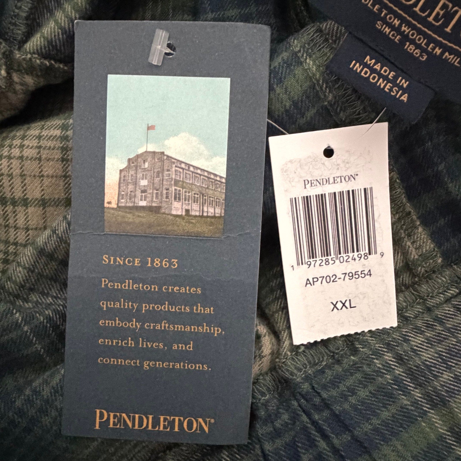 Pendleton Flannel Pajama Pant Men's XXL Elastic Drawstring Waist Green Plaid