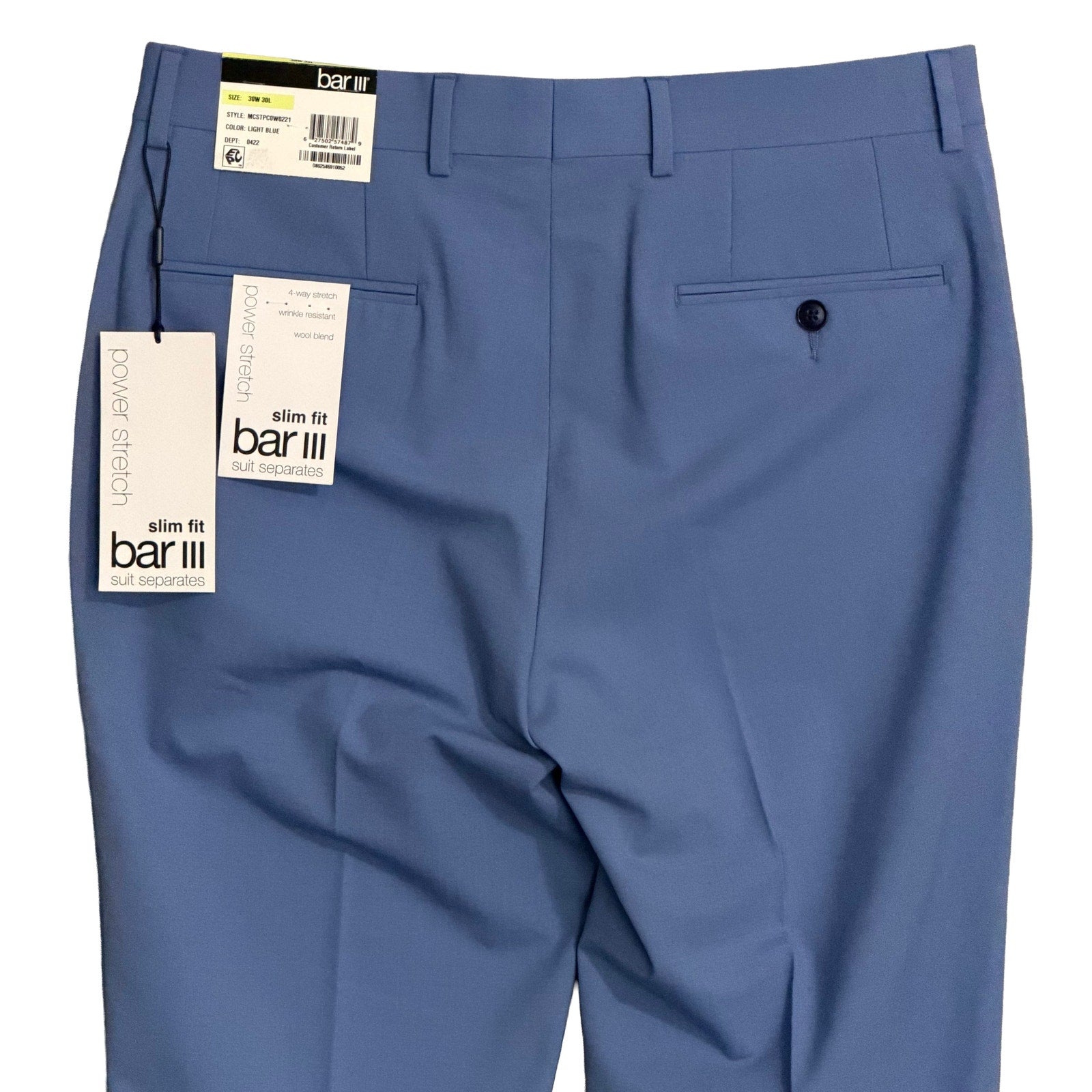 Bar III Dress Pants Men's 30"x30" Slim Fit Wool Blend Stretch Light Blue