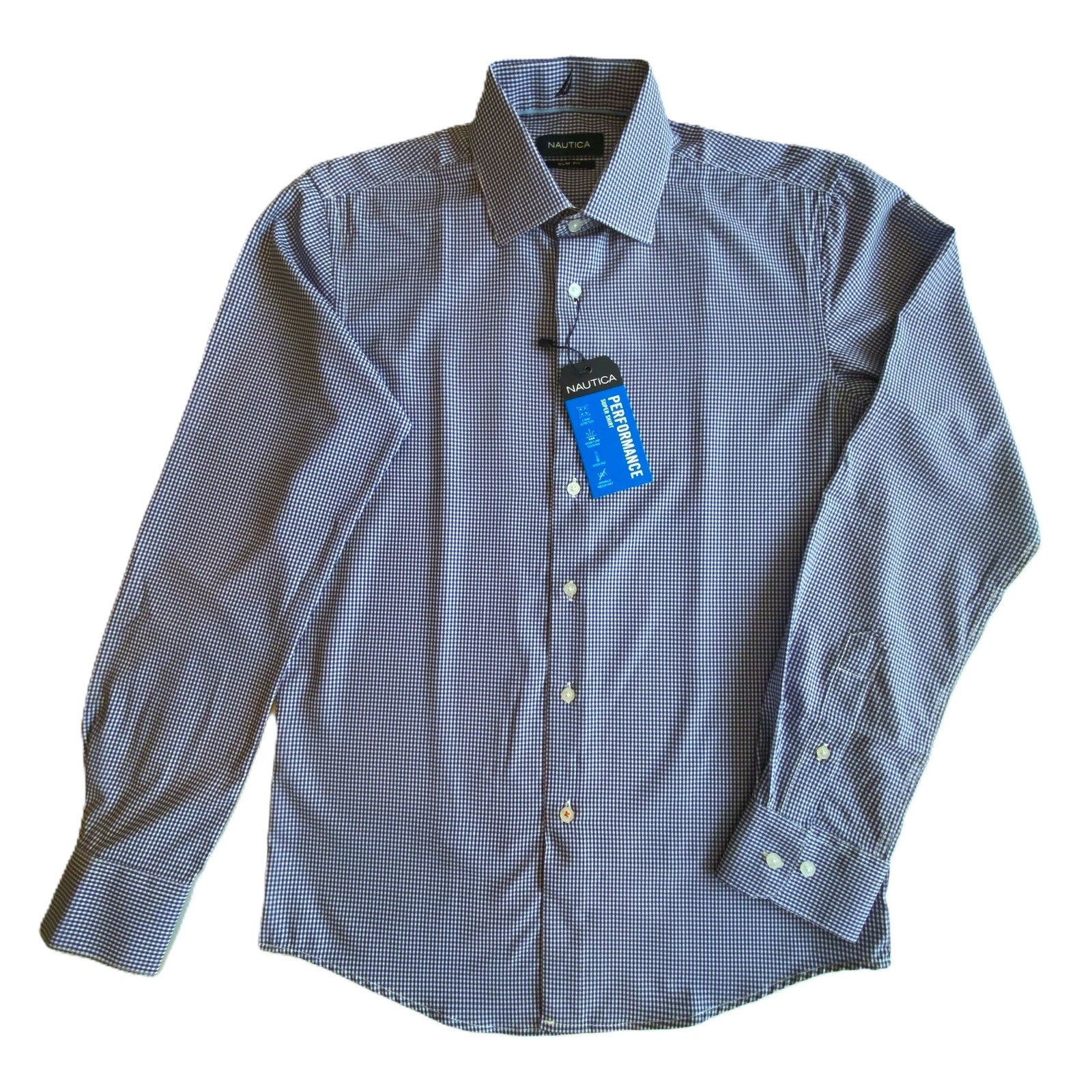 Nautica Dress Shirt Men's 14-14.5 32/33 Performance Slim Fit Blue White Ck