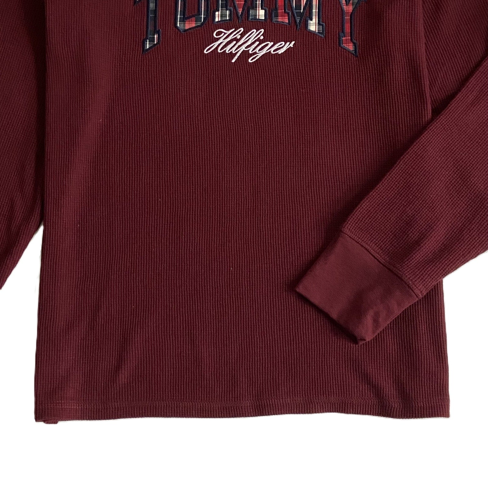 Tommy Hilfiger Tee Men's Large Long Sleeve Waffle-Knit Crew Neck Maroon