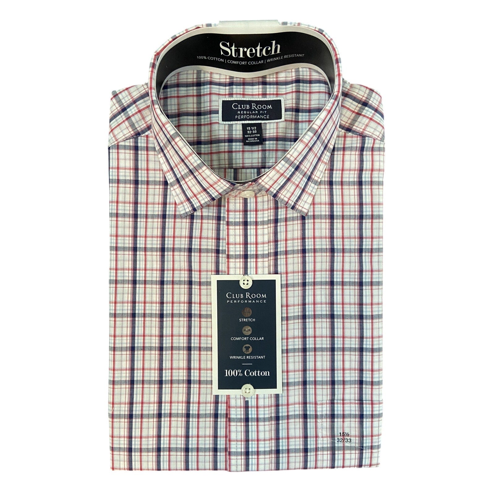 Club Room Dress Shirt Men's 15.5 32/33 Performance Regular Fit Stretch Plaid