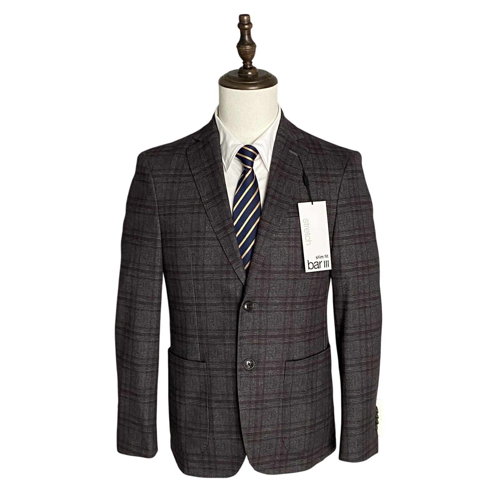 Bar III Men's 36R Slim Fit Sport Coat Stretch Unlined Brown Plaid