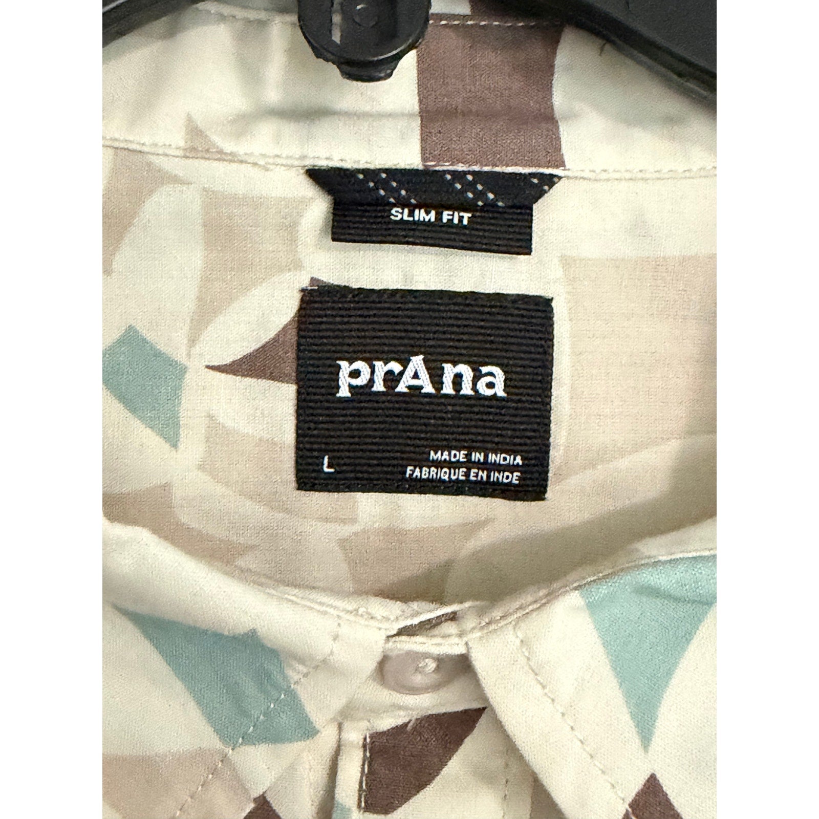 prAna Stimmersee Shirt Men's Large Slim Fit Short Sleeve Almond Geo