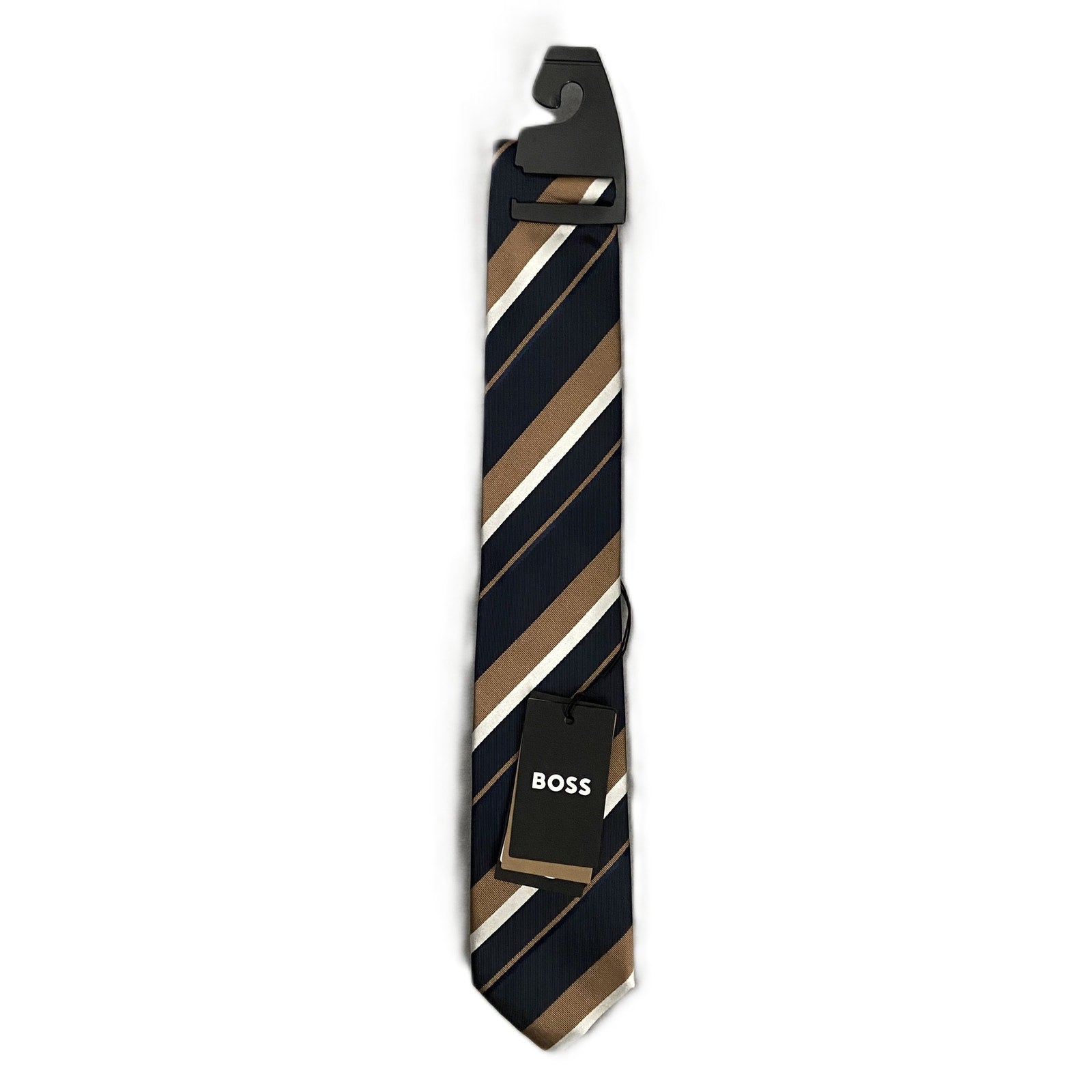Boss Men's 100% Silk 3" Tie Black Brown White Stripe Made in Italy