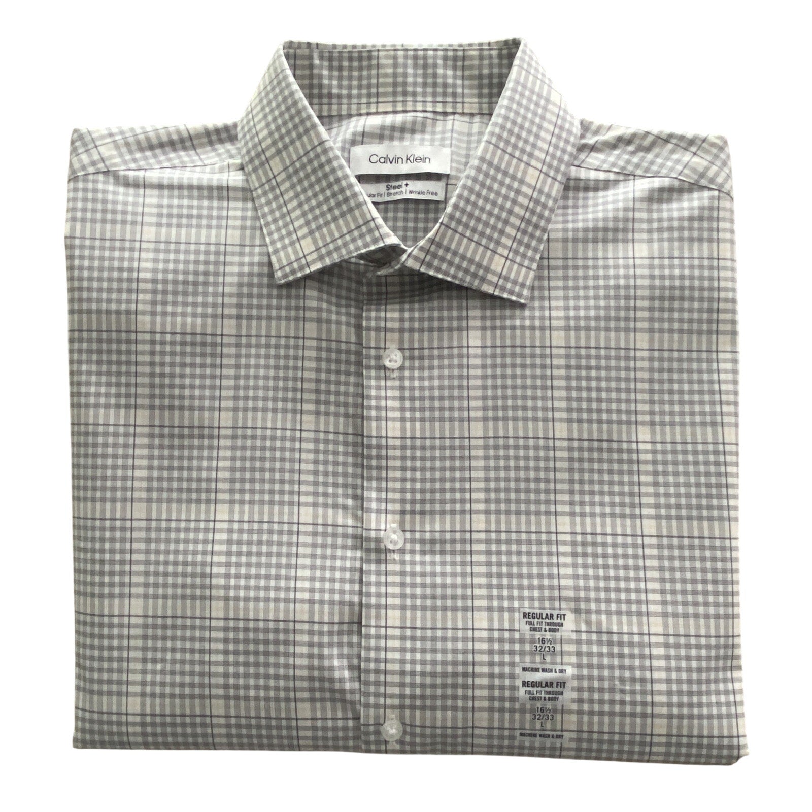 Calvin Klein Dress Shirt Men's Large Steel+ Regular Fit Stretch Grey Plaid