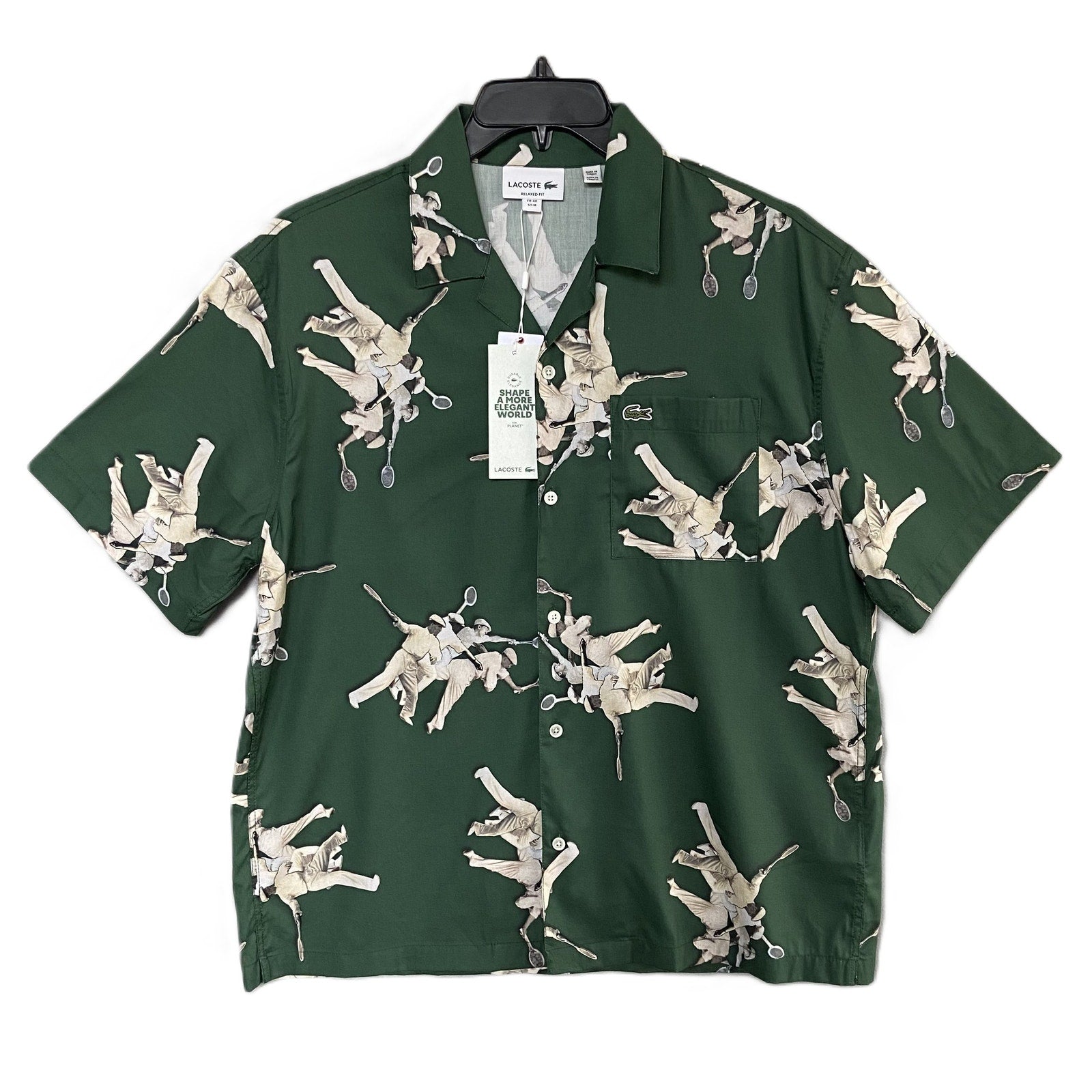 Lacoste Camp Shirt Men's Medium Relaxed Fit Short Sleeve Rene Lacoste Print NEW