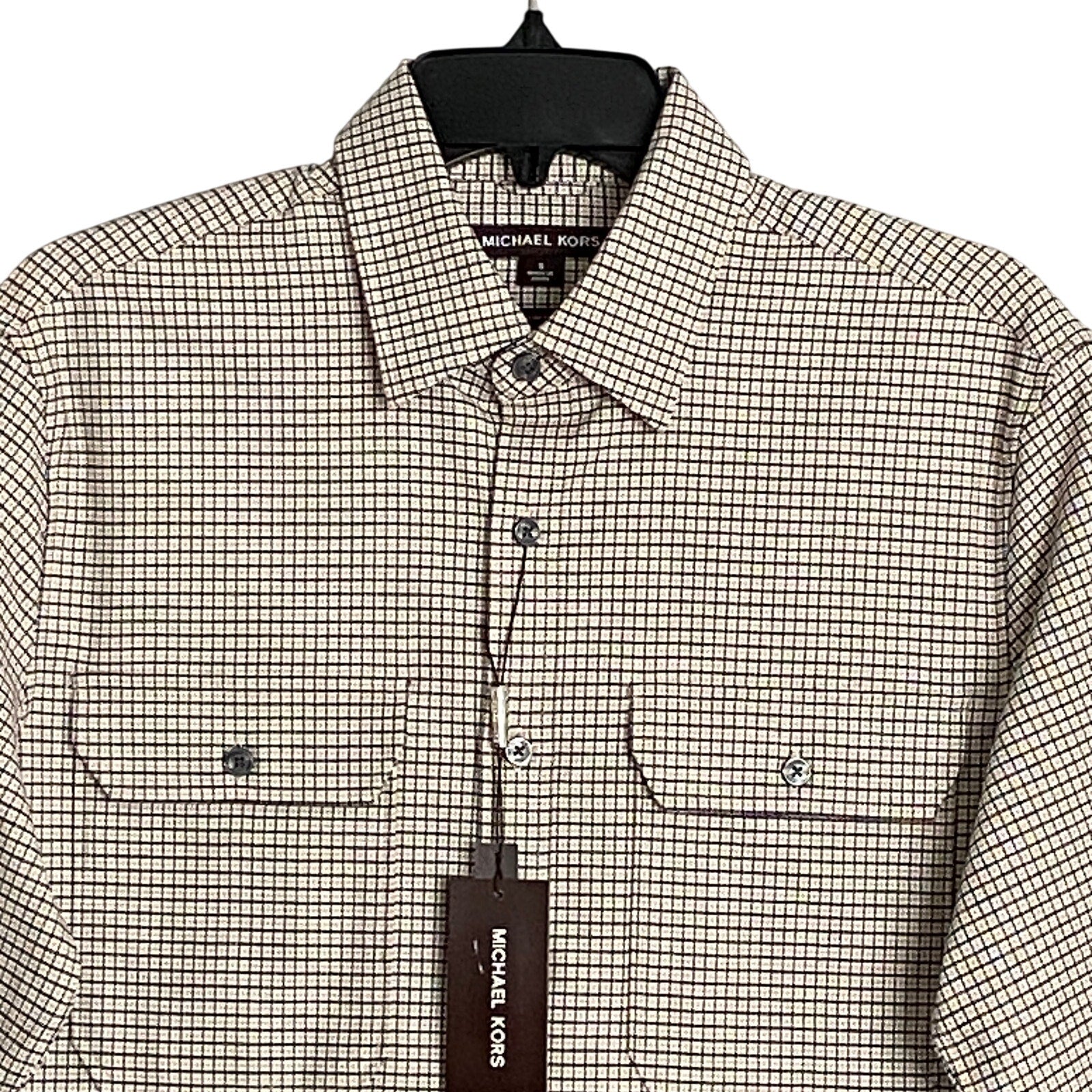 Michael Kors Shirt Men's Small Button-Up Shirt Slim Fit Dual Pockets Khaki