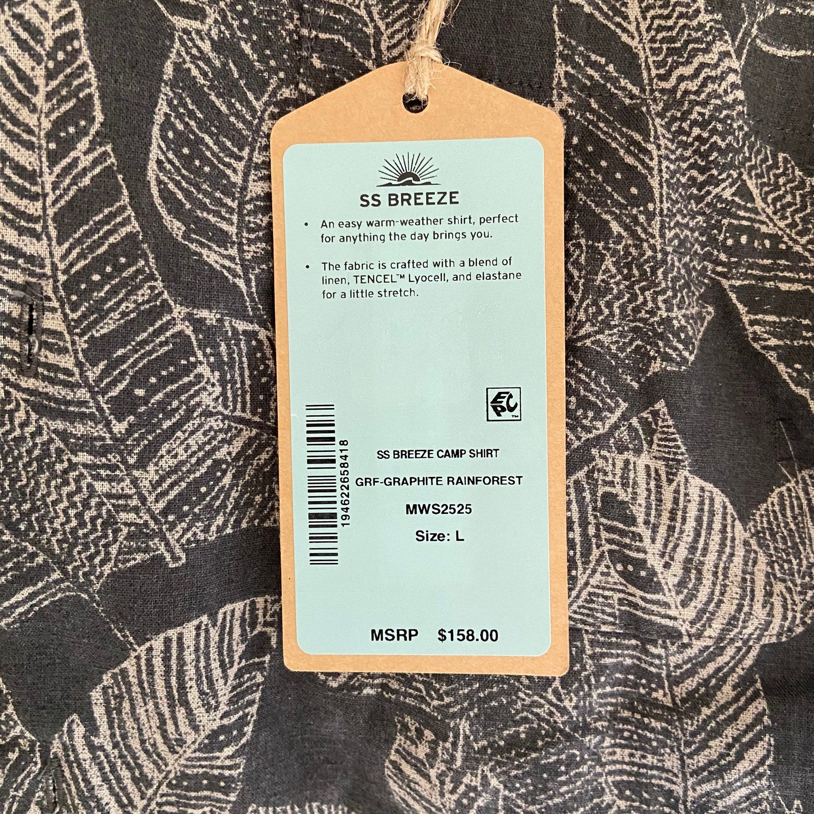 Faherty Camp Shirt Men's Large "The Breeze" Short Sleeve Graphite Rainforest