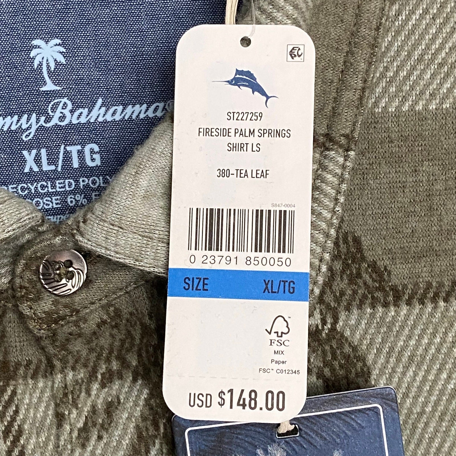 Tommy Bahama Flannel Shirt Men's XL "Fireside Palm Springs" Stretch Tea Leaf