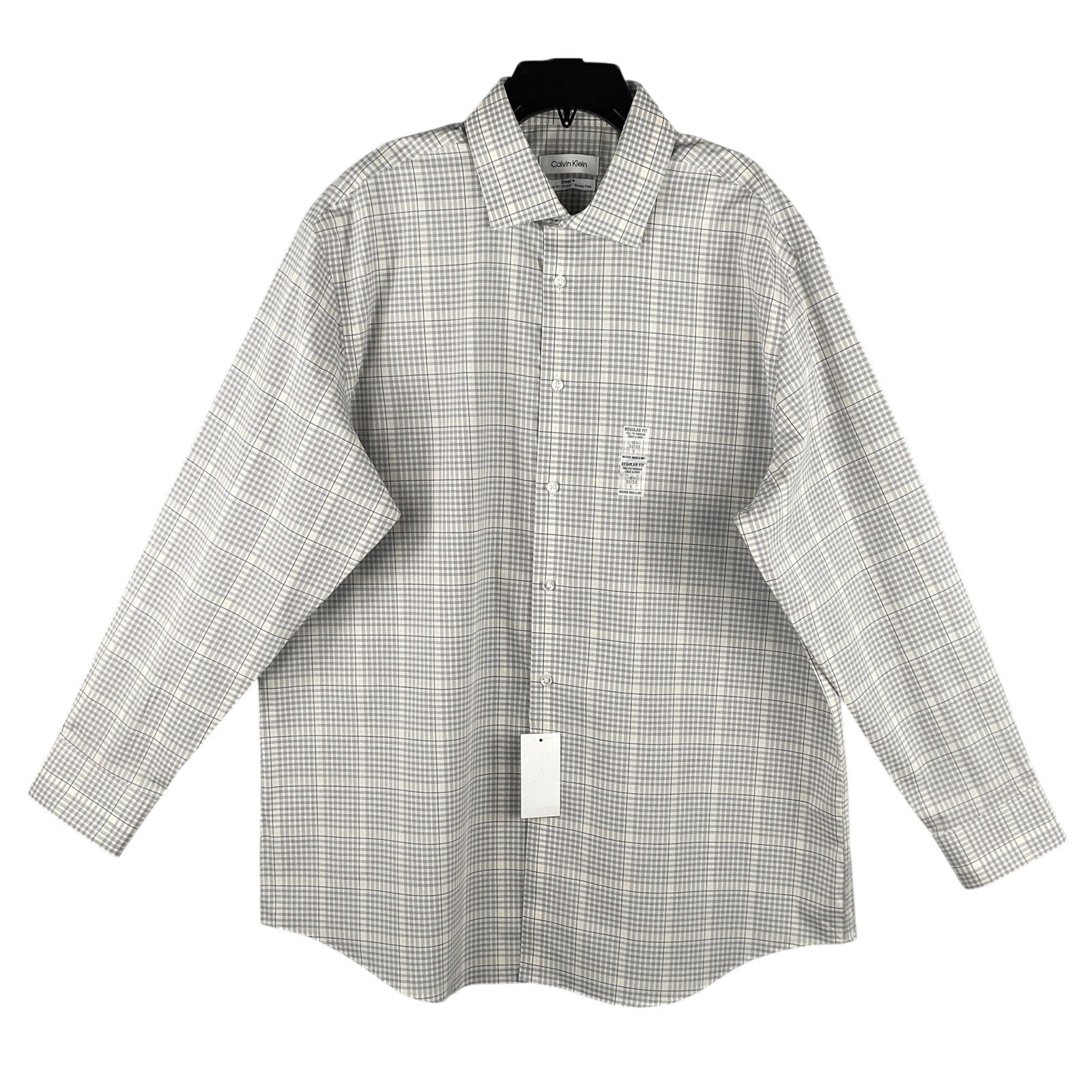 Calvin Klein Dress Shirt Men's Large Steel+ Regular Fit Stretch Grey Plaid