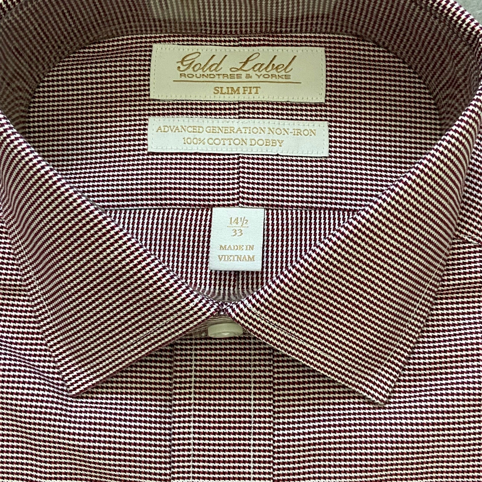 Roundtree & Yorke Shirt Men's 14.5 33 Slim Fit Cotton Dobby Red Houndstooth